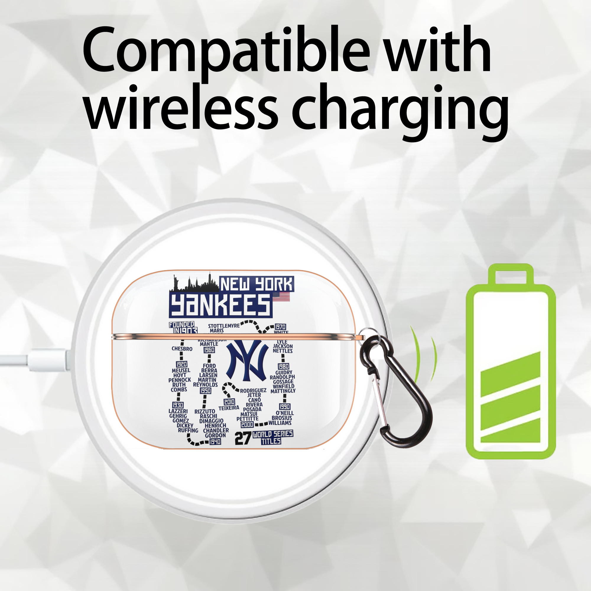 New York Yankees 27 World Series Titles AirPods Pro Protective Case Rose Gold, Flexible PC Material, Precise Fit, Anti-Slip Cover, Full Protection, Fingerprint Resistant, Washable With Keychain