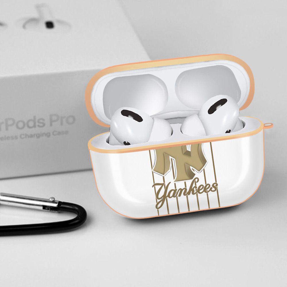 New York Yankees Pinstripe Golden Logo AirPods Pro Protective Case Rose Gold, Flexible PC Material, Precise Fit, Anti-Slip Cover, Full Protection, Fingerprint Resistant, Washable With Keychain