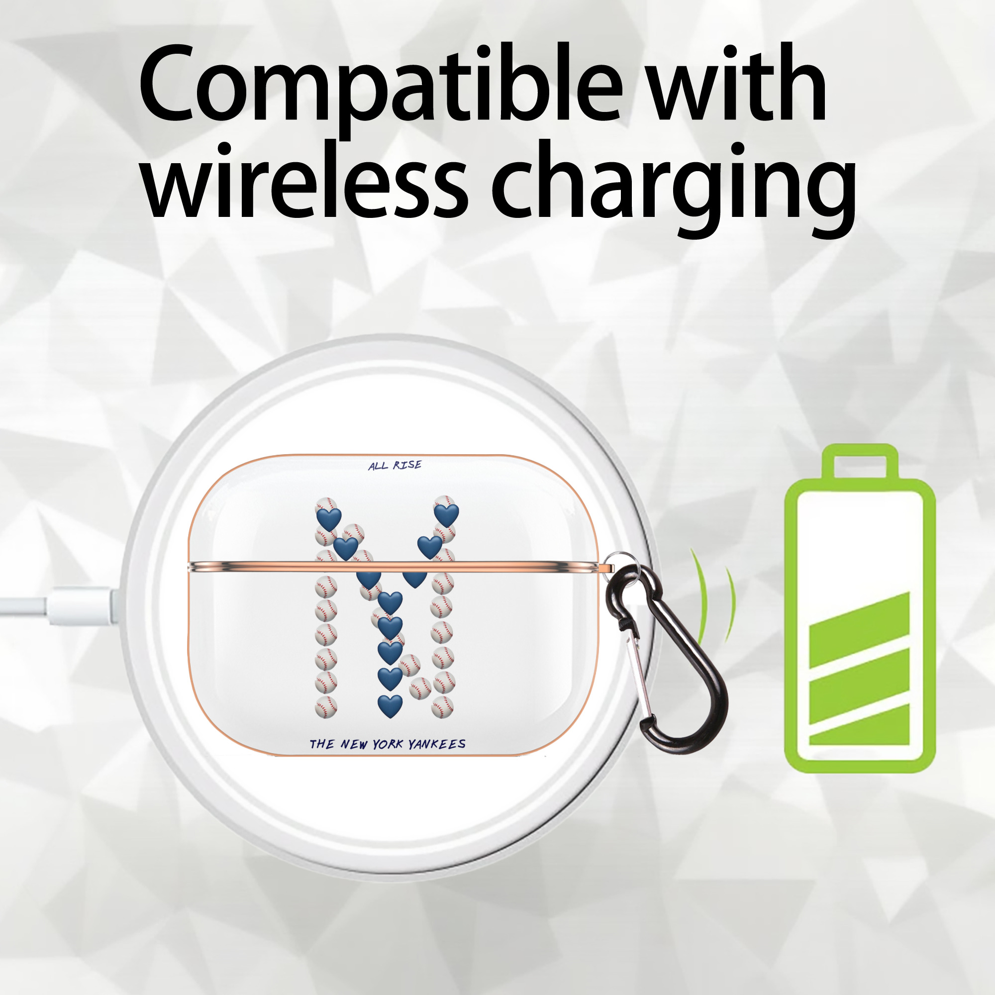 New York Yankees All Rise Love Baseball AirPods Pro Protective Case Rose Gold, Flexible PC Material, Precise Fit, Anti-Slip Cover, Full Protection, Fingerprint Resistant, Washable With Keychain