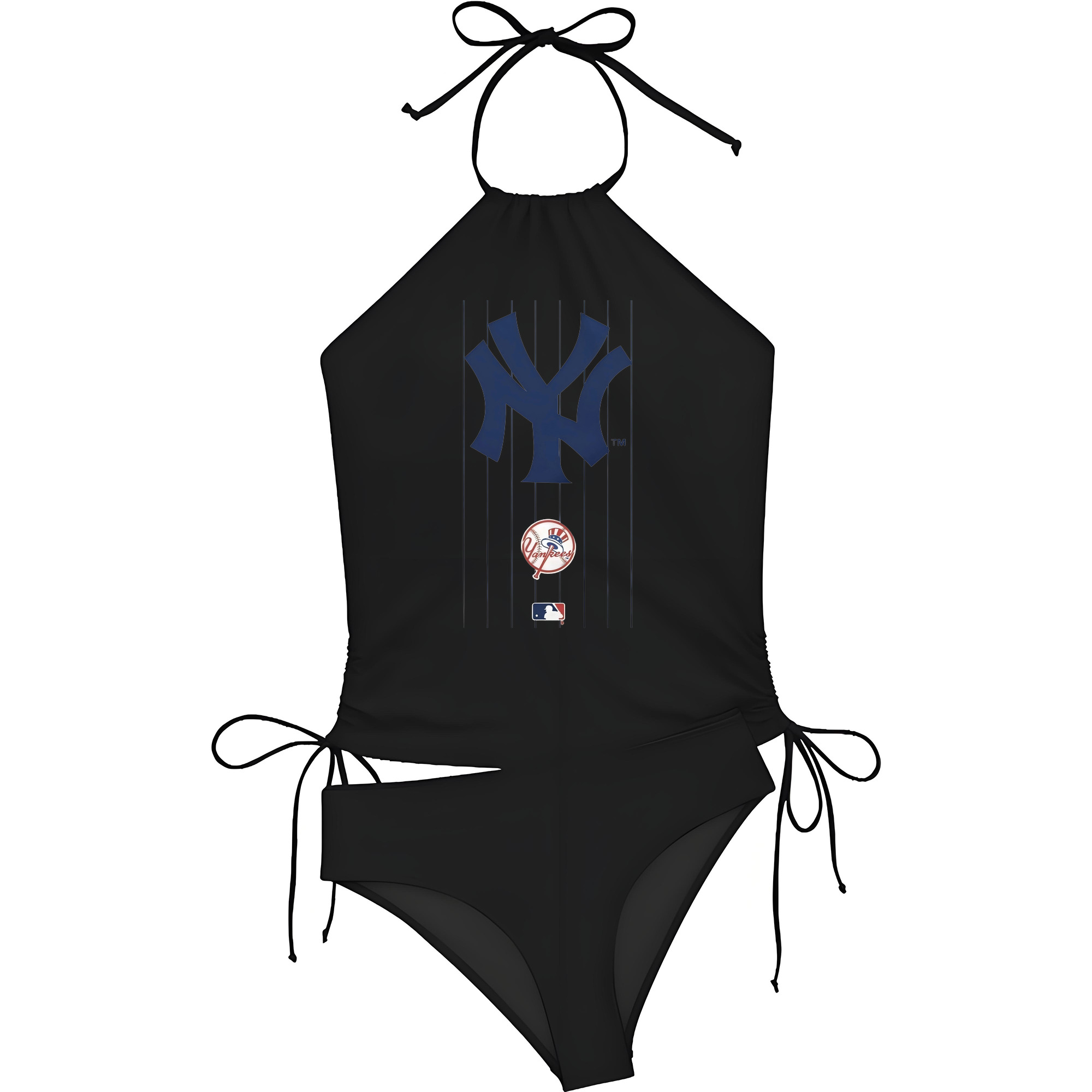 New York Yankees Pinstripe Logo Women's Heat Transfer Printed Two-Piece Bikini Set – Sexy One-Shoulder Top & Triangle Bottom, Soft Nylon-Spandex, Perfect for Beach, Pool & Vacation