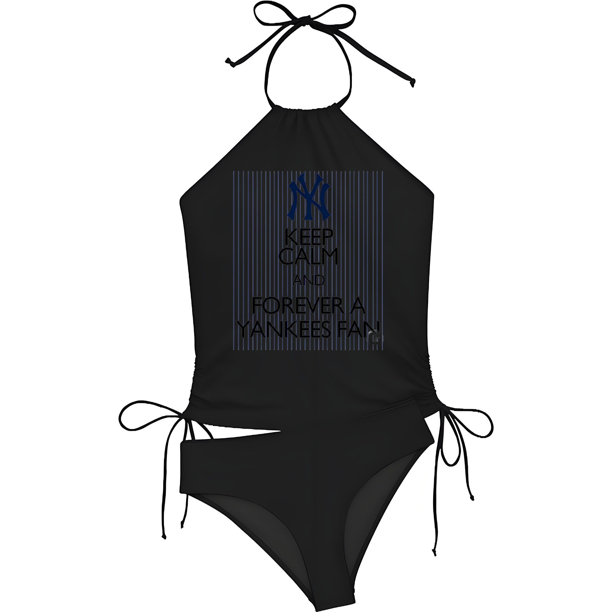 New York Yankees Keep Calm and Forever A Yankees Fan Women's Heat Transfer Printed Two-Piece Bikini Set – Sexy One-Shoulder Top & Triangle Bottom, Soft Nylon-Spandex, Perfect for Beach, Pool & Vacation
