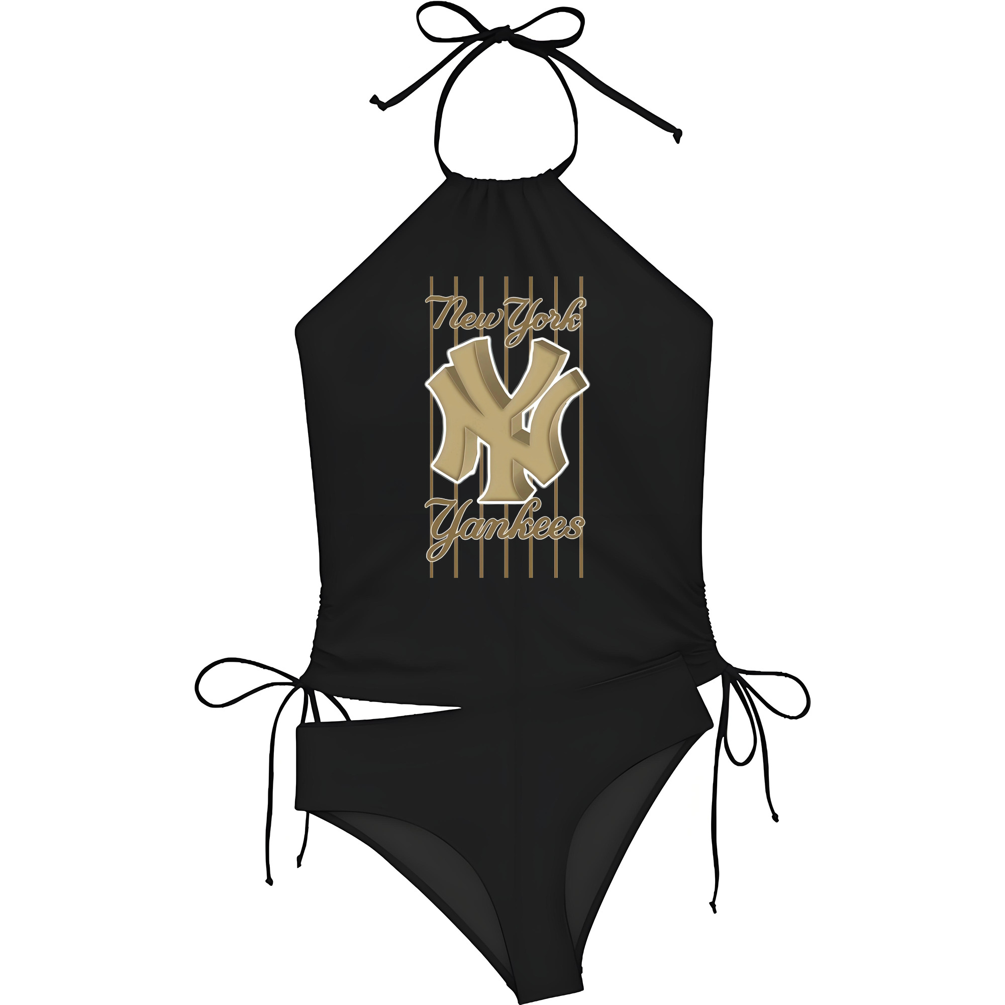 New York Yankees Pinstripe Golden Logo Women's Heat Transfer Printed Two-Piece Bikini Set – Sexy One-Shoulder Top & Triangle Bottom, Soft Nylon-Spandex, Perfect for Beach, Pool & Vacation