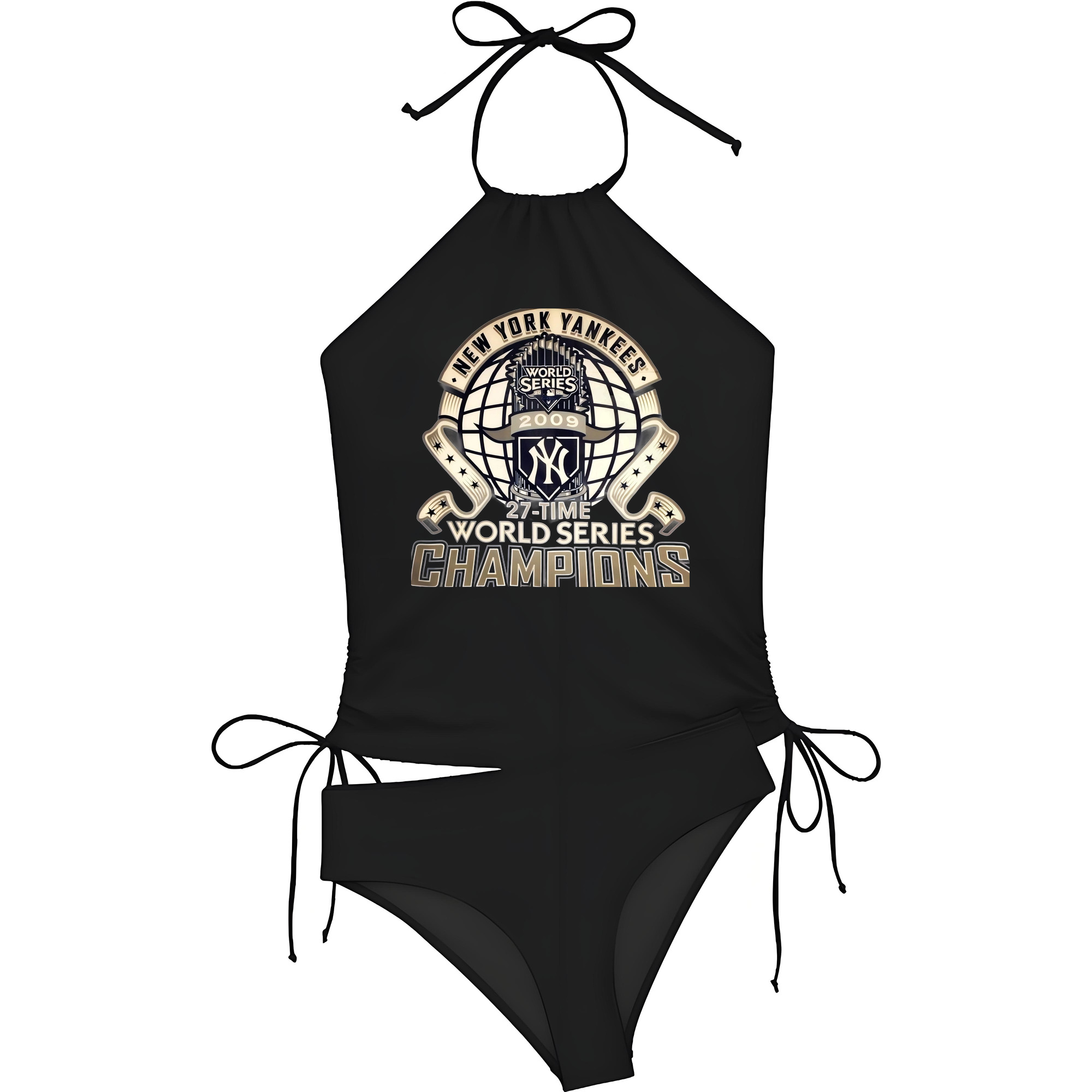 New York Yankees 2009 27th WS Champions Golden Women's Heat Transfer Printed Two-Piece Bikini Set – Sexy One-Shoulder Top & Triangle Bottom, Soft Nylon-Spandex, Perfect for Beach, Pool & Vacation