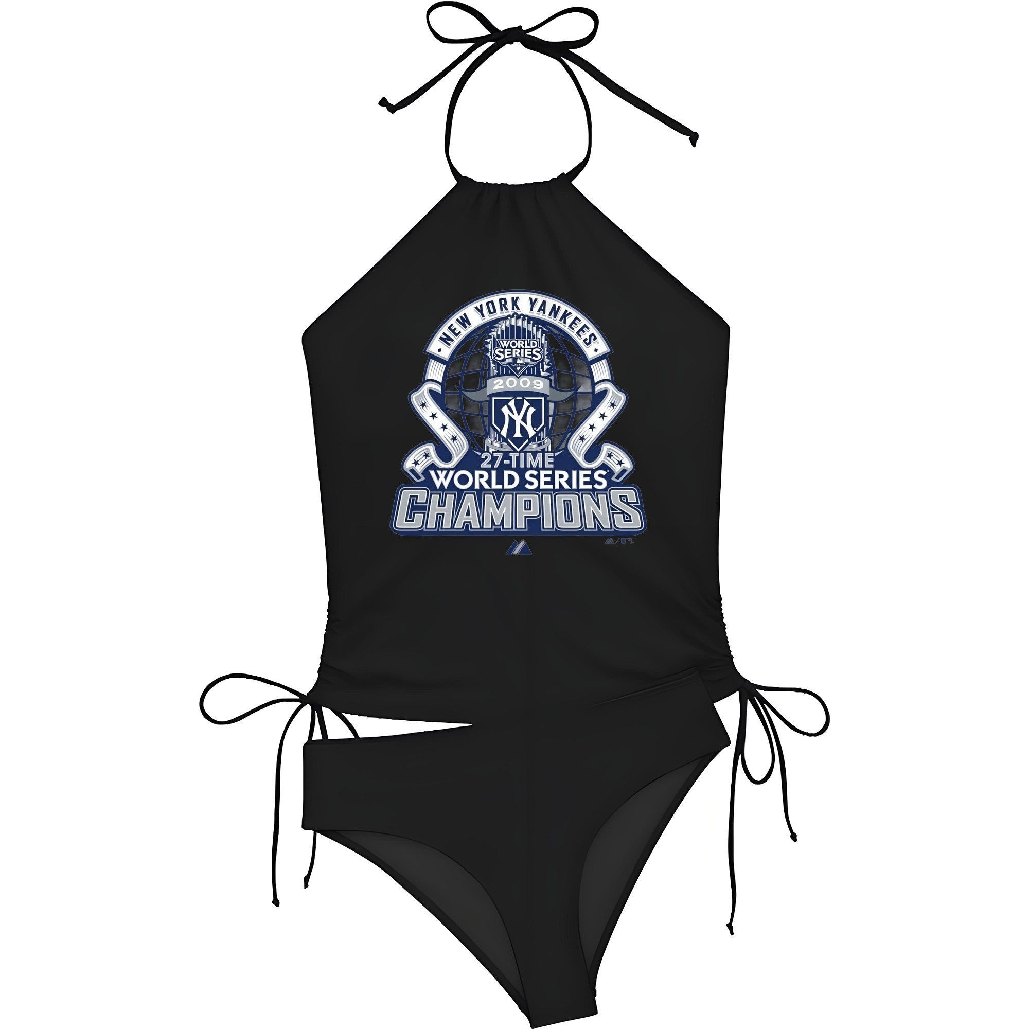 New York Yankees 2009 27th WS Champions Blue Women's Heat Transfer Printed Two-Piece Bikini Set – Sexy One-Shoulder Top & Triangle Bottom, Soft Nylon-Spandex, Perfect for Beach, Pool & Vacation