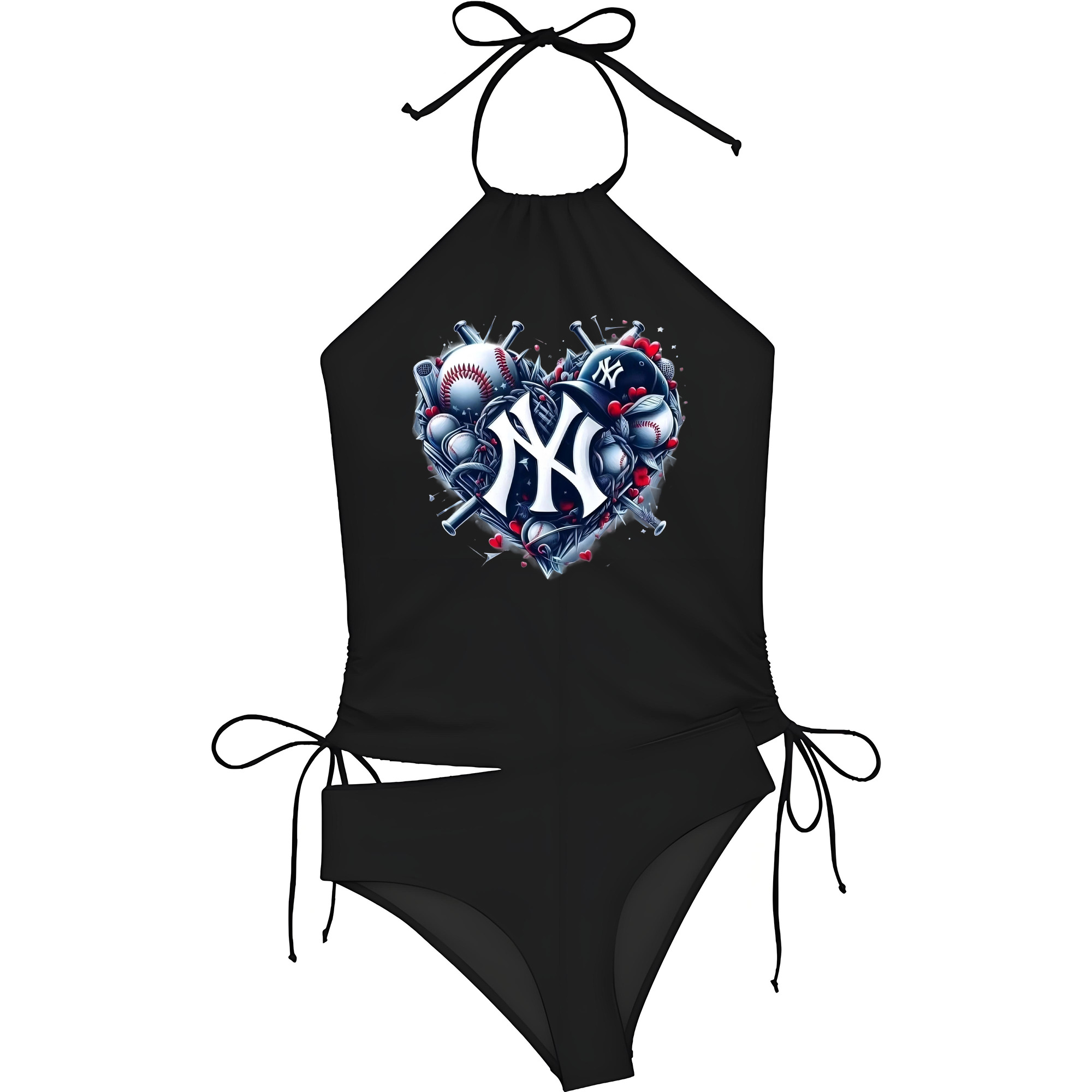 New York Yankees Heart Women's Heat Transfer Printed Two-Piece Bikini Set – Sexy One-Shoulder Top & Triangle Bottom, Soft Nylon-Spandex, Perfect for Beach, Pool & Vacation