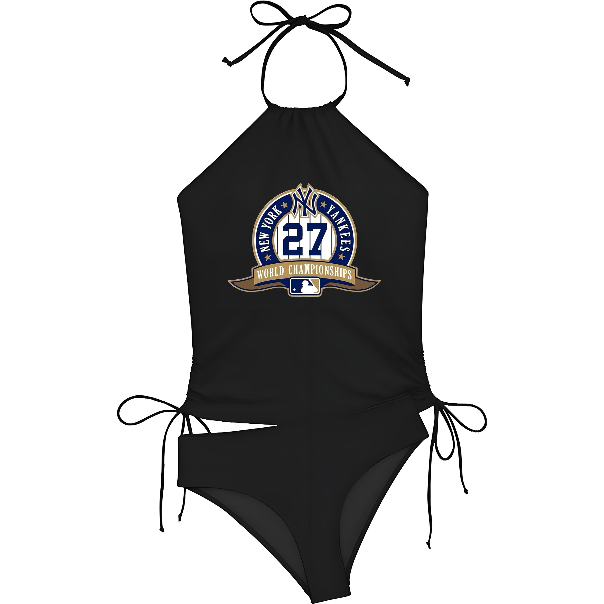 New York Yankees 27 World Championships Women's Heat Transfer Printed Two-Piece Bikini Set – Sexy One-Shoulder Top & Triangle Bottom, Soft Nylon-Spandex, Perfect for Beach, Pool & Vacation