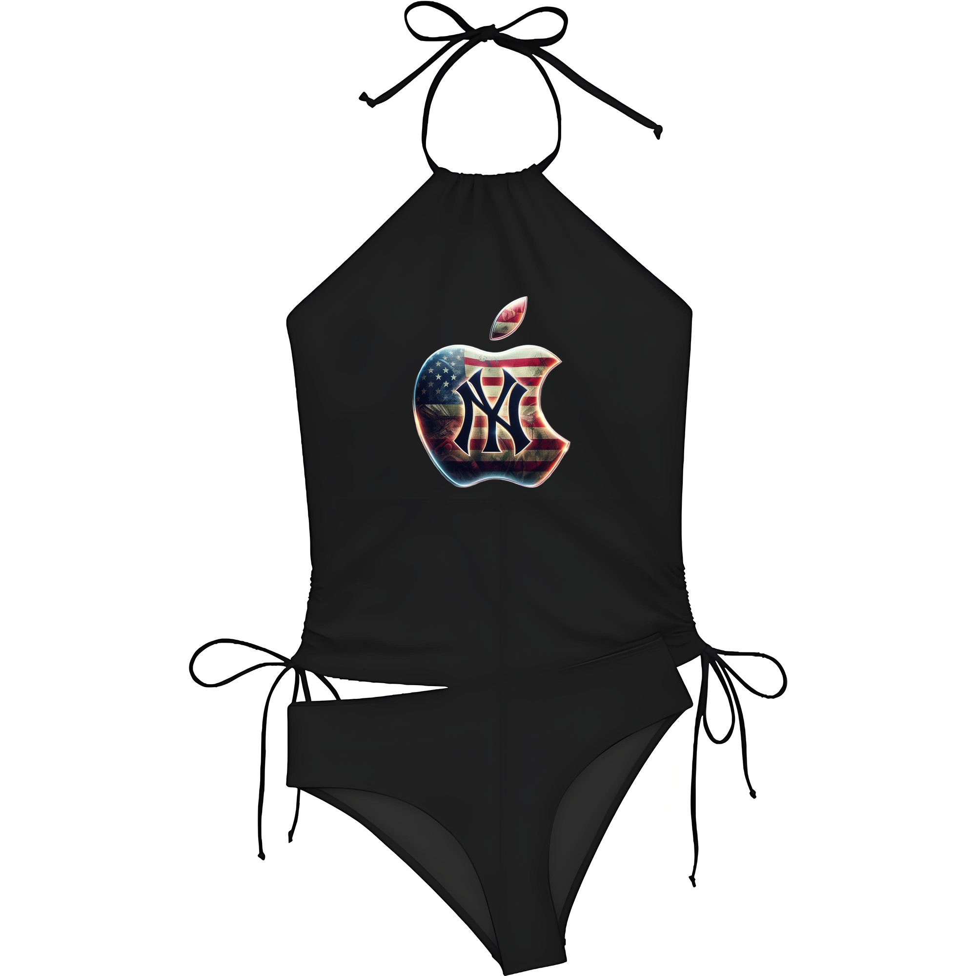 New York Yankees Apple US Flag Women's Heat Transfer Printed Two-Piece Bikini Set – Sexy One-Shoulder Top & Triangle Bottom, Soft Nylon-Spandex, Perfect for Beach, Pool & Vacation
