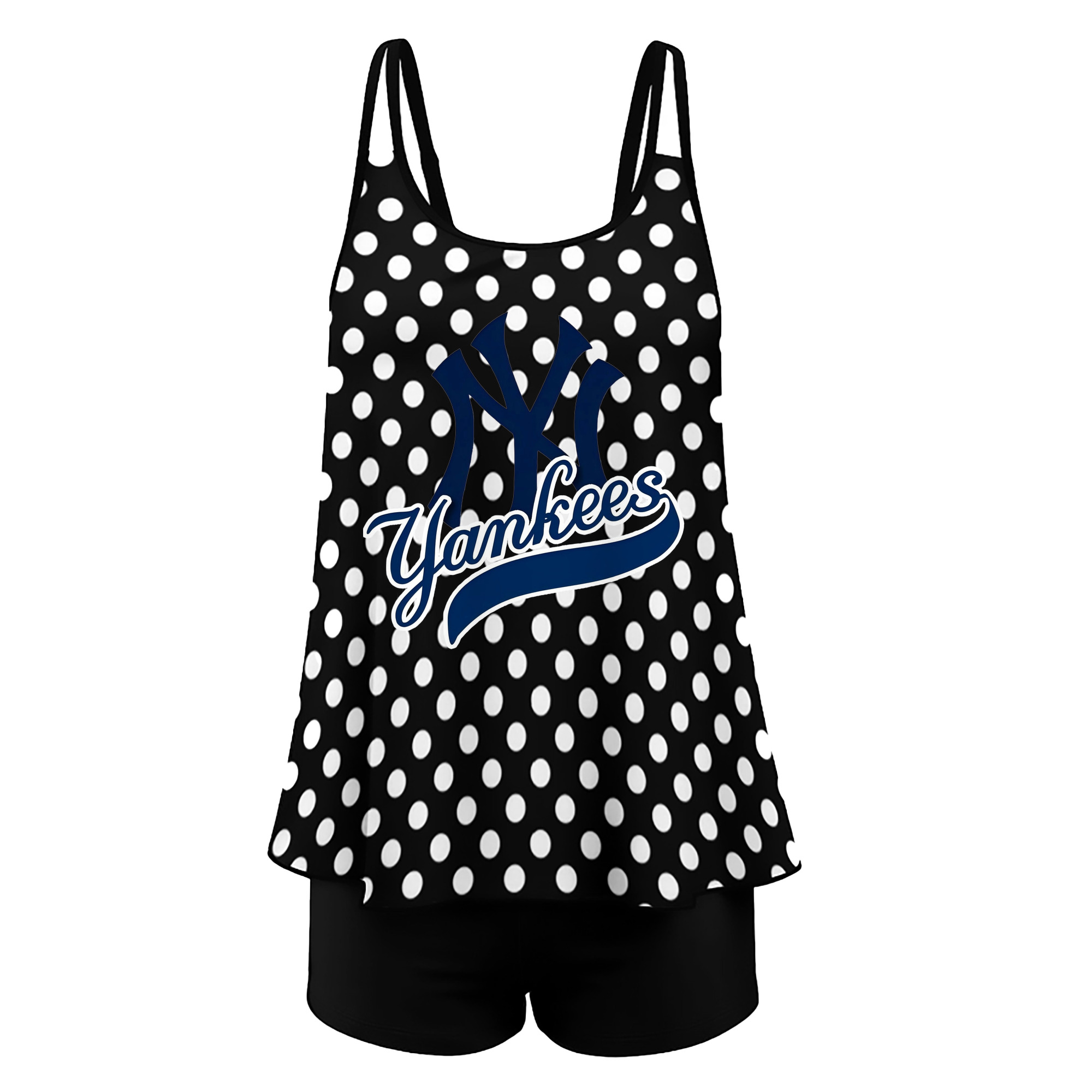 New York Yankees Blue Logo Women’s Heat Transfer Printed Two-Piece Swimsuit Set – Sexy Double Strap Bandeau Top & Boyshort Bottoms, Soft Nylon-Spandex, Perfect for Beach, Pool & Vacation