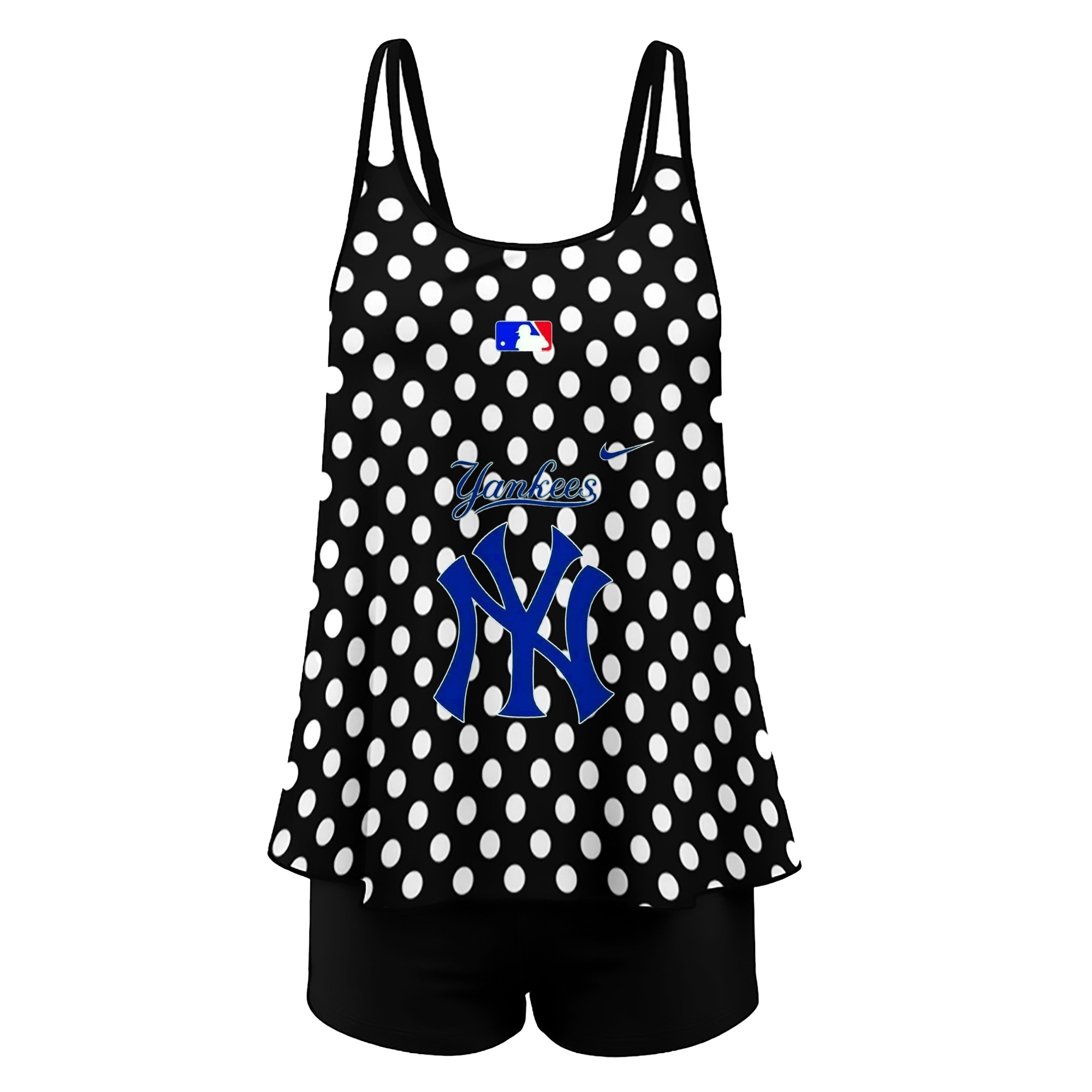 New York Yankees Blue Logo Women’s Heat Transfer Printed Two-Piece Swimsuit Set – Sexy Double Strap Bandeau Top & Boyshort Bottoms, Soft Nylon-Spandex, Perfect for Beach, Pool & Vacation