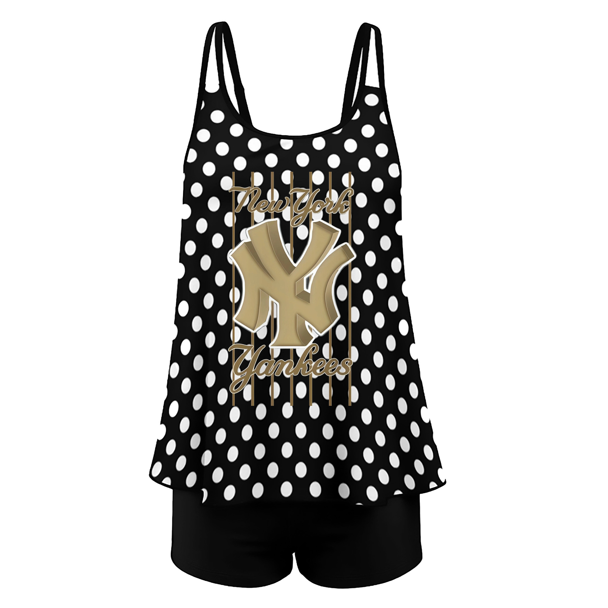 New York Yankees Pinstripe Golden Logo Women’s Heat Transfer Printed Two-Piece Swimsuit Set – Sexy Double Strap Bandeau Top & Boyshort Bottoms, Soft Nylon-Spandex, Perfect for Beach, Pool & Vacation