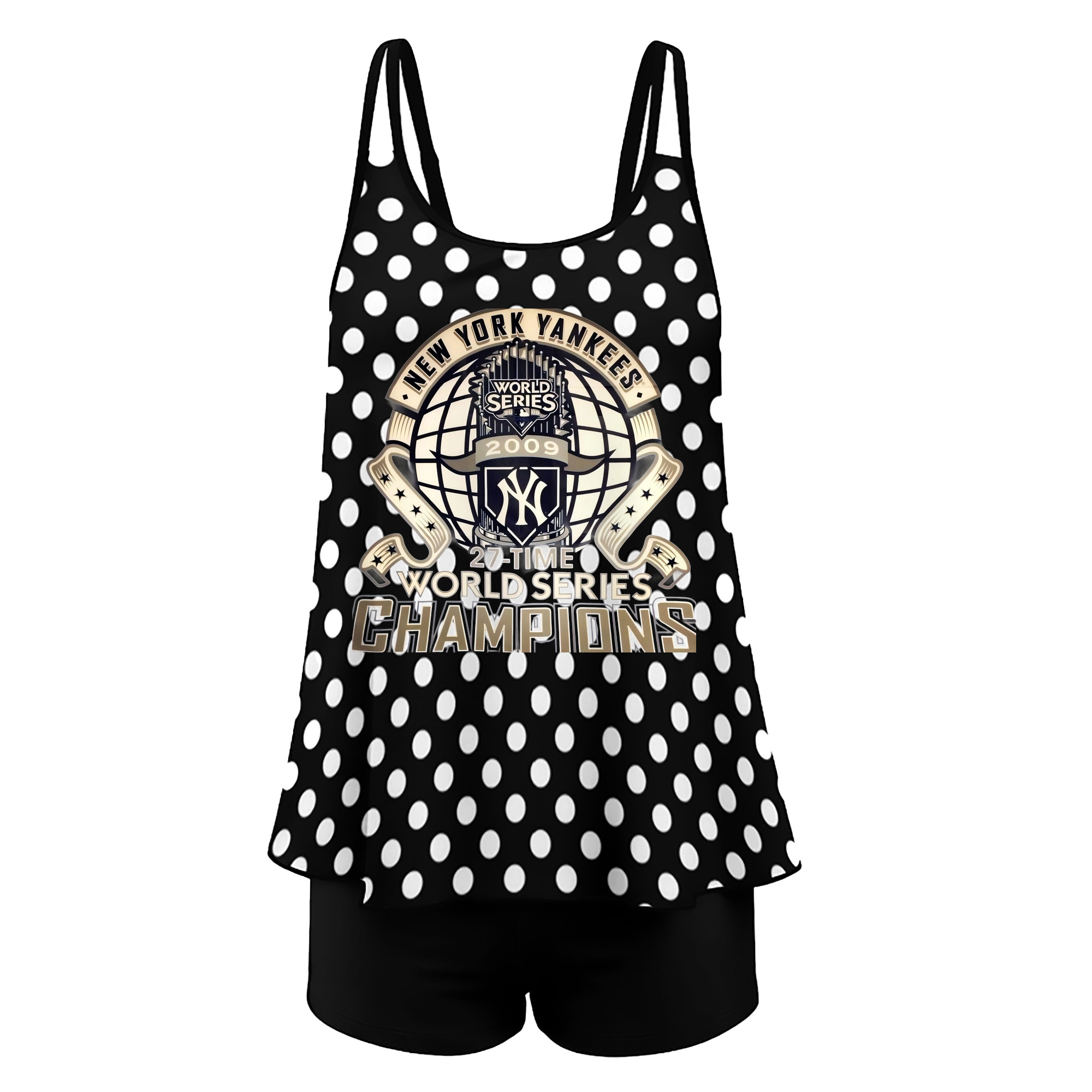 New York Yankees 2009 27th WS Champions Golden Women’s Heat Transfer Printed Two-Piece Swimsuit Set – Sexy Double Strap Bandeau Top & Boyshort Bottoms, Soft Nylon-Spandex, Perfect for Beach, Pool & Vacation