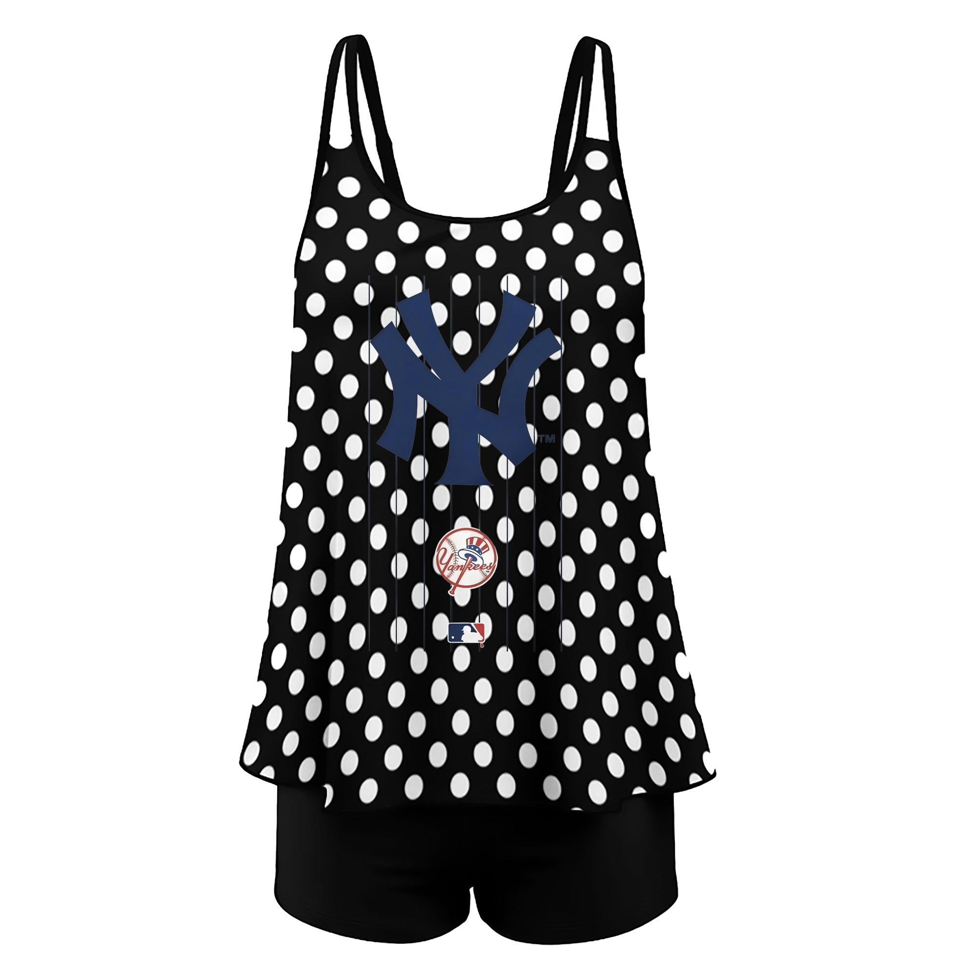 New York Yankees Pinstripe Logo Women’s Heat Transfer Printed Two-Piece Swimsuit Set – Sexy Double Strap Bandeau Top & Boyshort Bottoms, Soft Nylon-Spandex, Perfect for Beach, Pool & Vacation