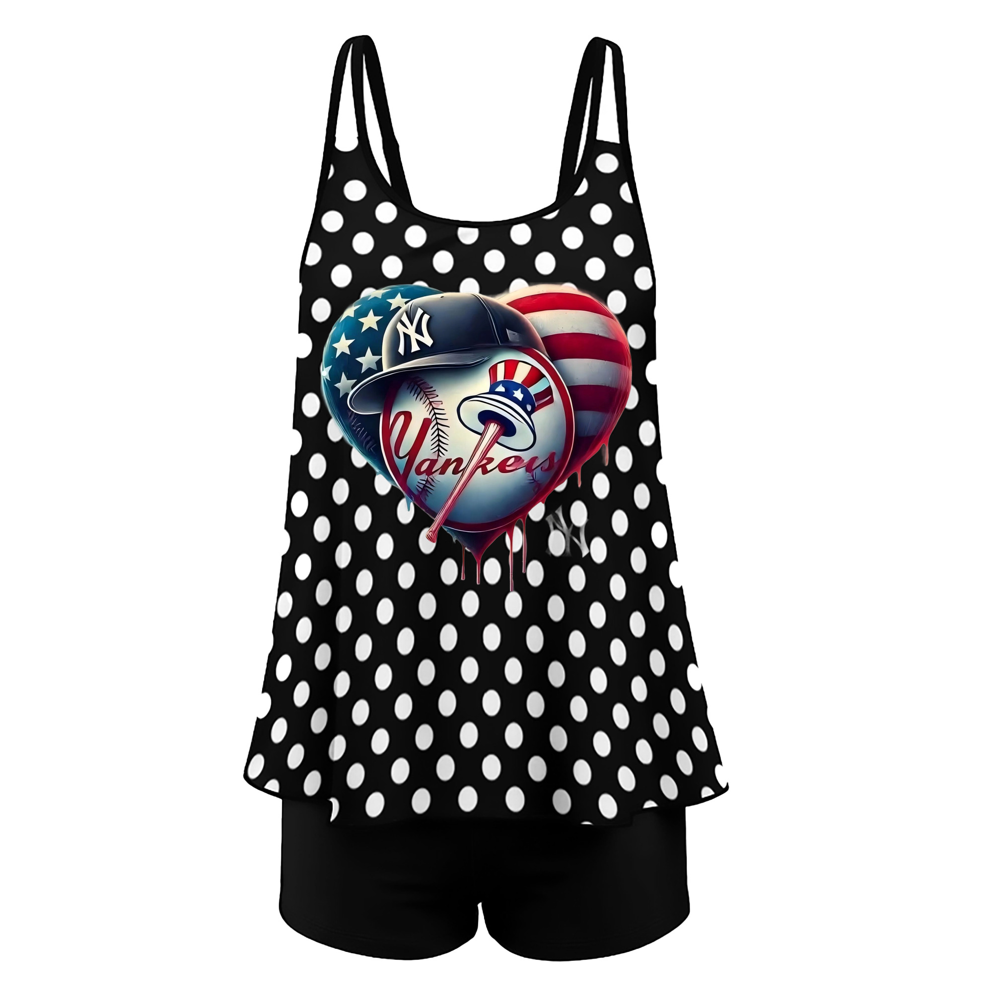 New York Yankees Heart Women’s Heat Transfer Printed Two-Piece Swimsuit Set – Sexy Double Strap Bandeau Top & Boyshort Bottoms, Soft Nylon-Spandex, Perfect for Beach, Pool & Vacation