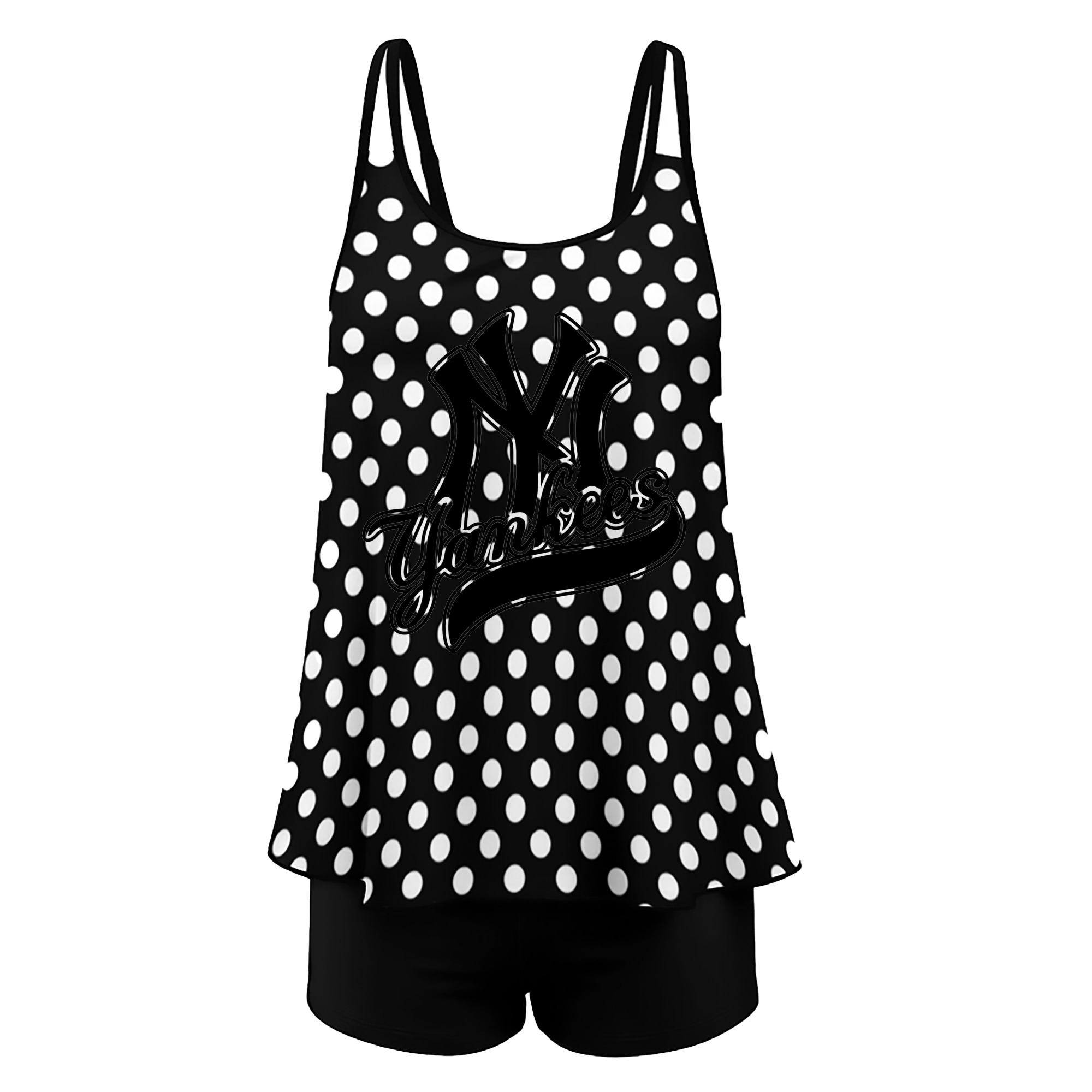 New York Yankees Black Logo Women’s Heat Transfer Printed Two-Piece Swimsuit Set – Sexy Double Strap Bandeau Top & Boyshort Bottoms, Soft Nylon-Spandex, Perfect for Beach, Pool & Vacation