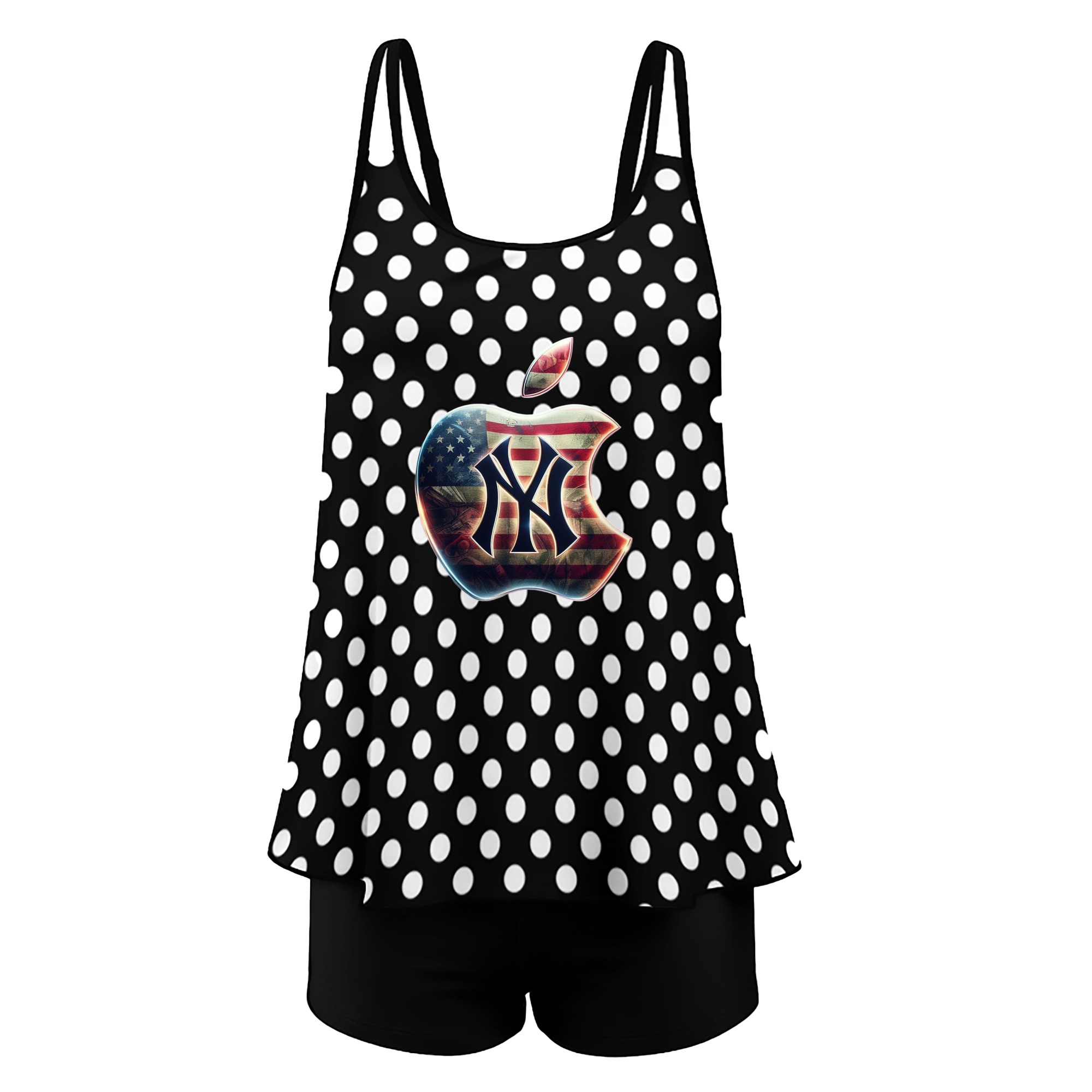 New York Yankees Apple US Flag Women’s Heat Transfer Printed Two-Piece Swimsuit Set – Sexy Double Strap Bandeau Top & Boyshort Bottoms, Soft Nylon-Spandex, Perfect for Beach, Pool & Vacation