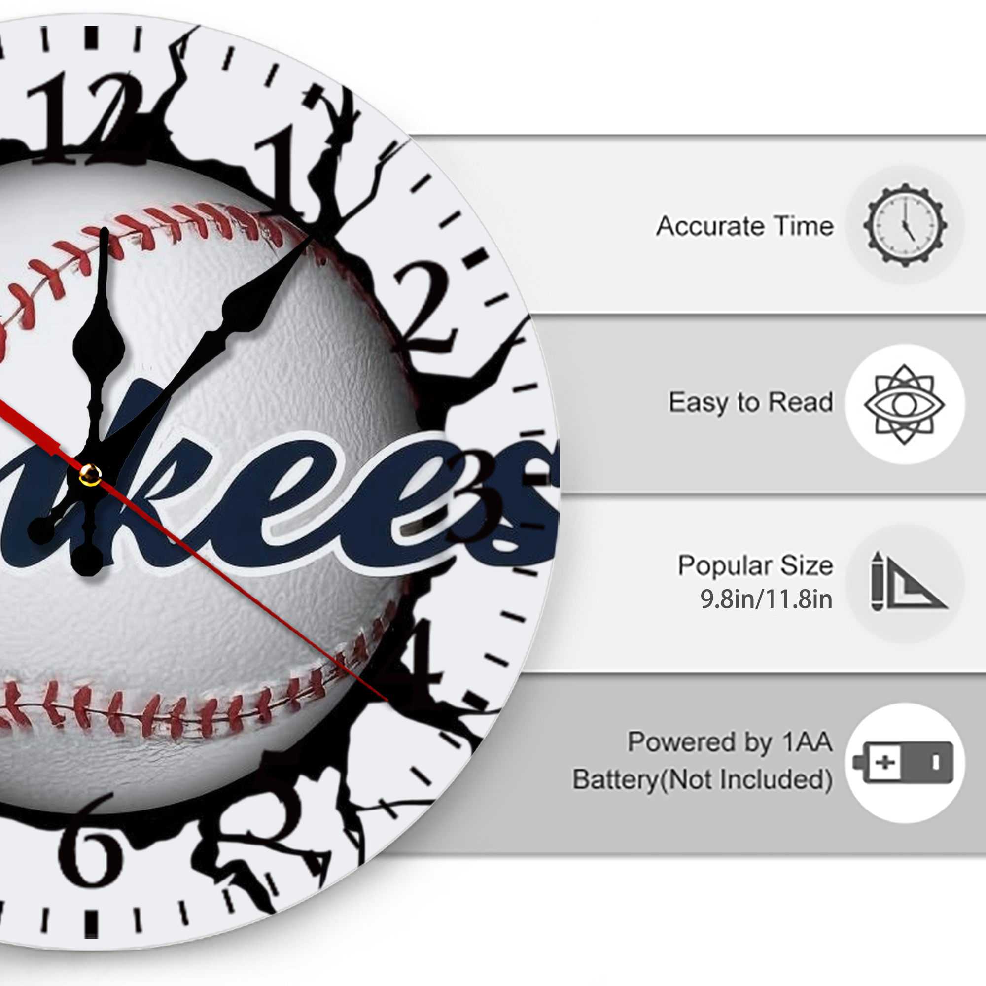 Yankees Baseball Wall And Art Silent Round Wall Clock – Modern & Stylish DIY Design, Durable Wood Construction, Easy To Install – Perfect For Office, Bedroom, Living Room, And More