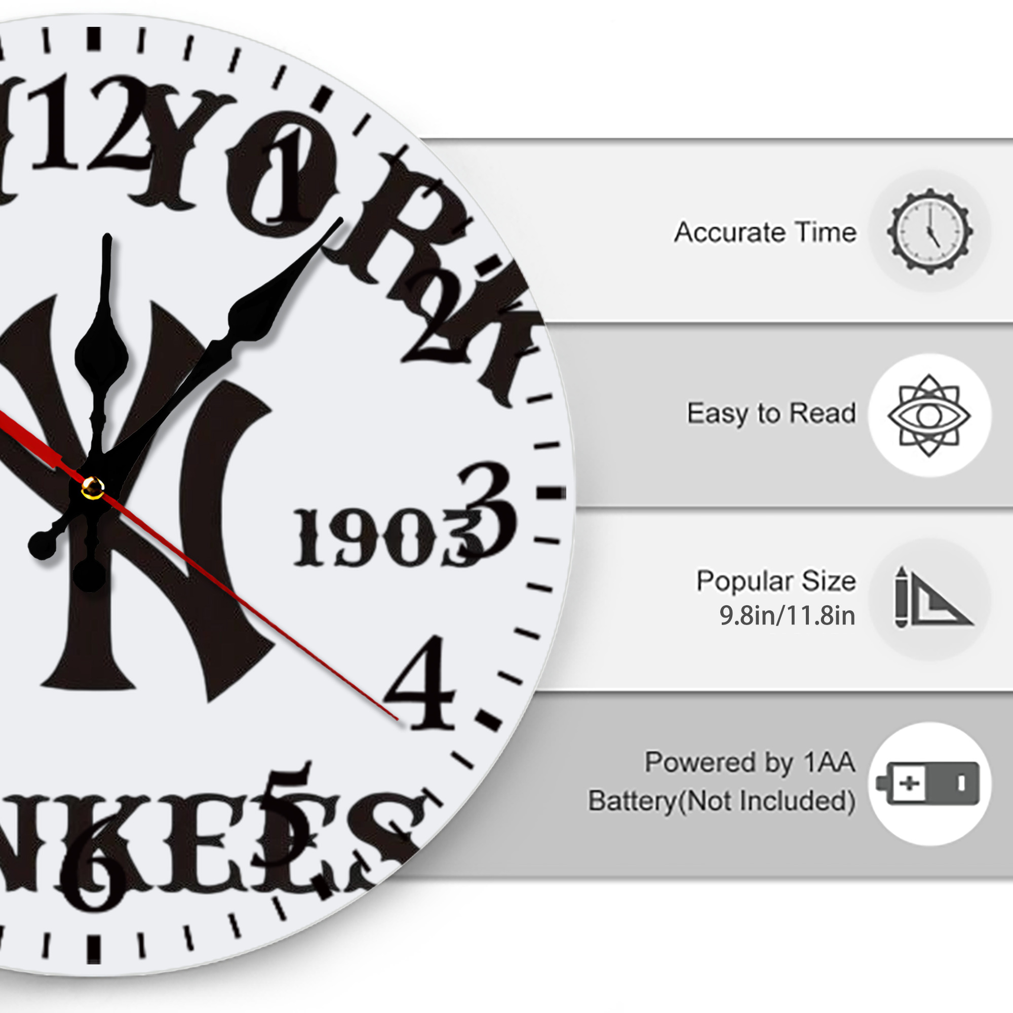 New York Yankees EST 1903 Silent Round Wall Clock – Modern & Stylish DIY Design, Durable Wood Construction, Easy To Install – Perfect For Office, Bedroom, Living Room, And More