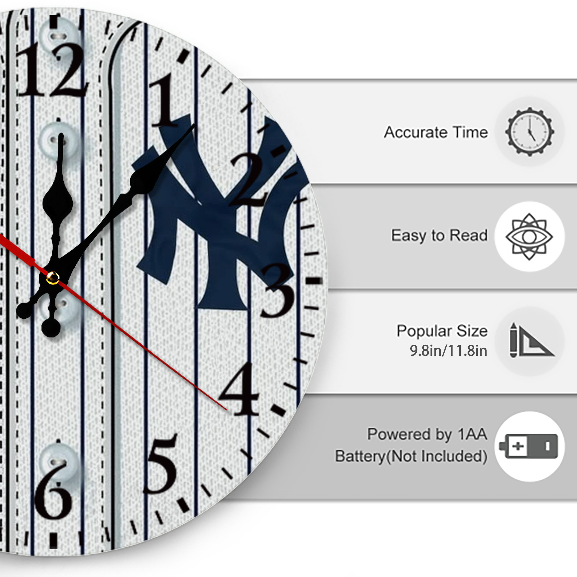 New York Yankees Pinstripe Jersey Background Silent Round Wall Clock – Modern & Stylish DIY Design, Durable Wood Construction, Easy To Install – Perfect For Office, Bedroom, Living Room, And More