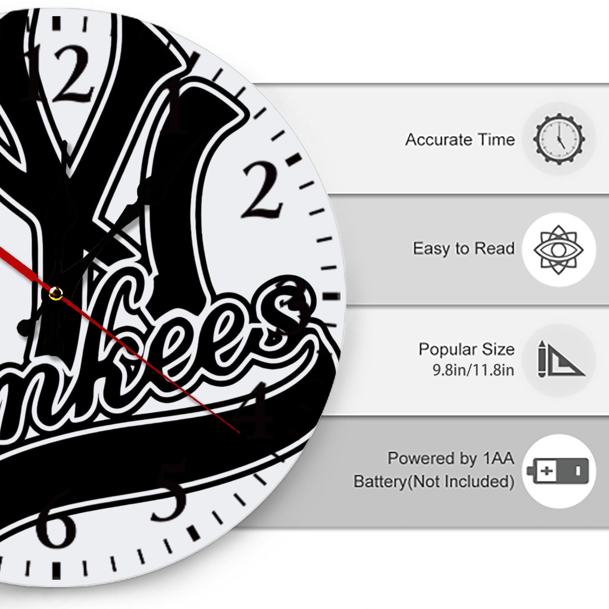 New York Yankees Black Logo Silent Round Wall Clock – Modern & Stylish DIY Design, Durable Wood Construction, Easy To Install – Perfect For Office, Bedroom, Living Room, And More