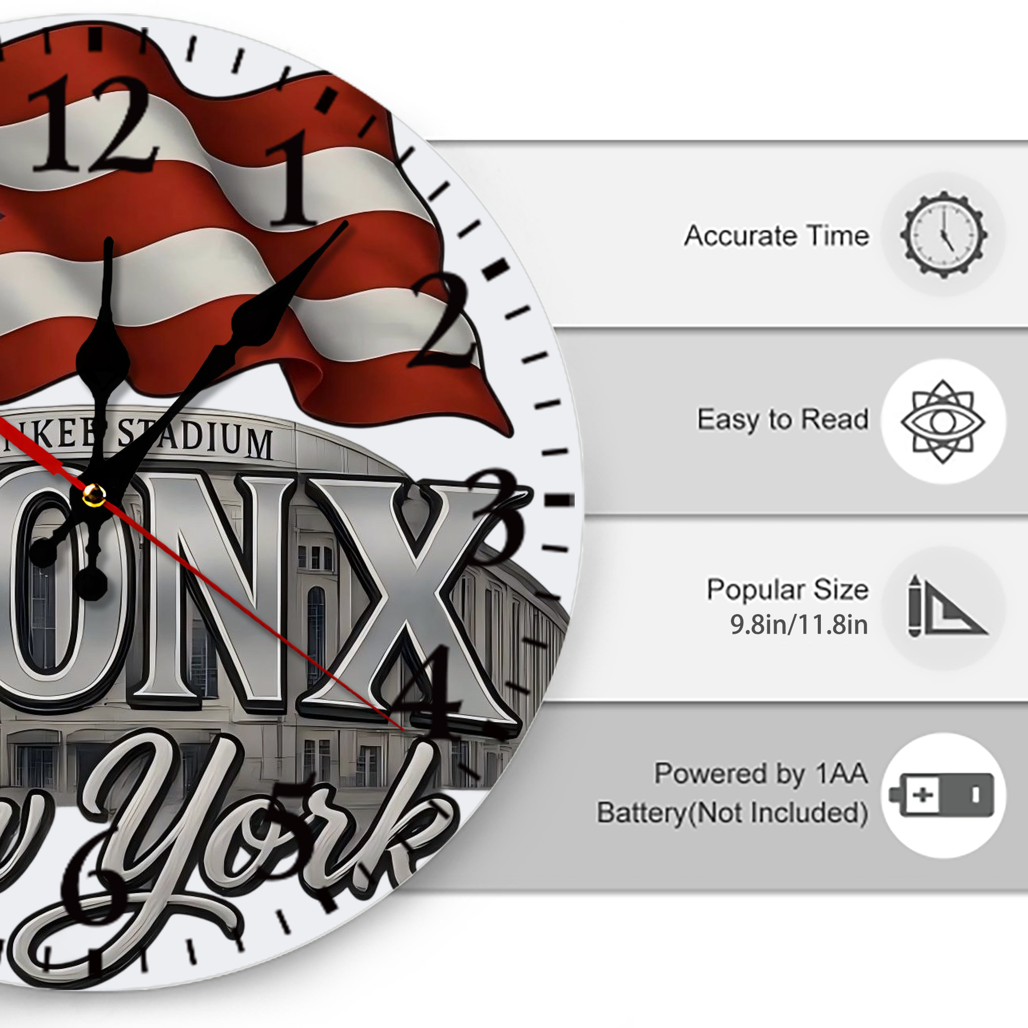 New York Yankees BRONX Yankees Stadium Silent Round Wall Clock – Modern & Stylish DIY Design, Durable Wood Construction, Easy To Install – Perfect For Office, Bedroom, Living Room, And More