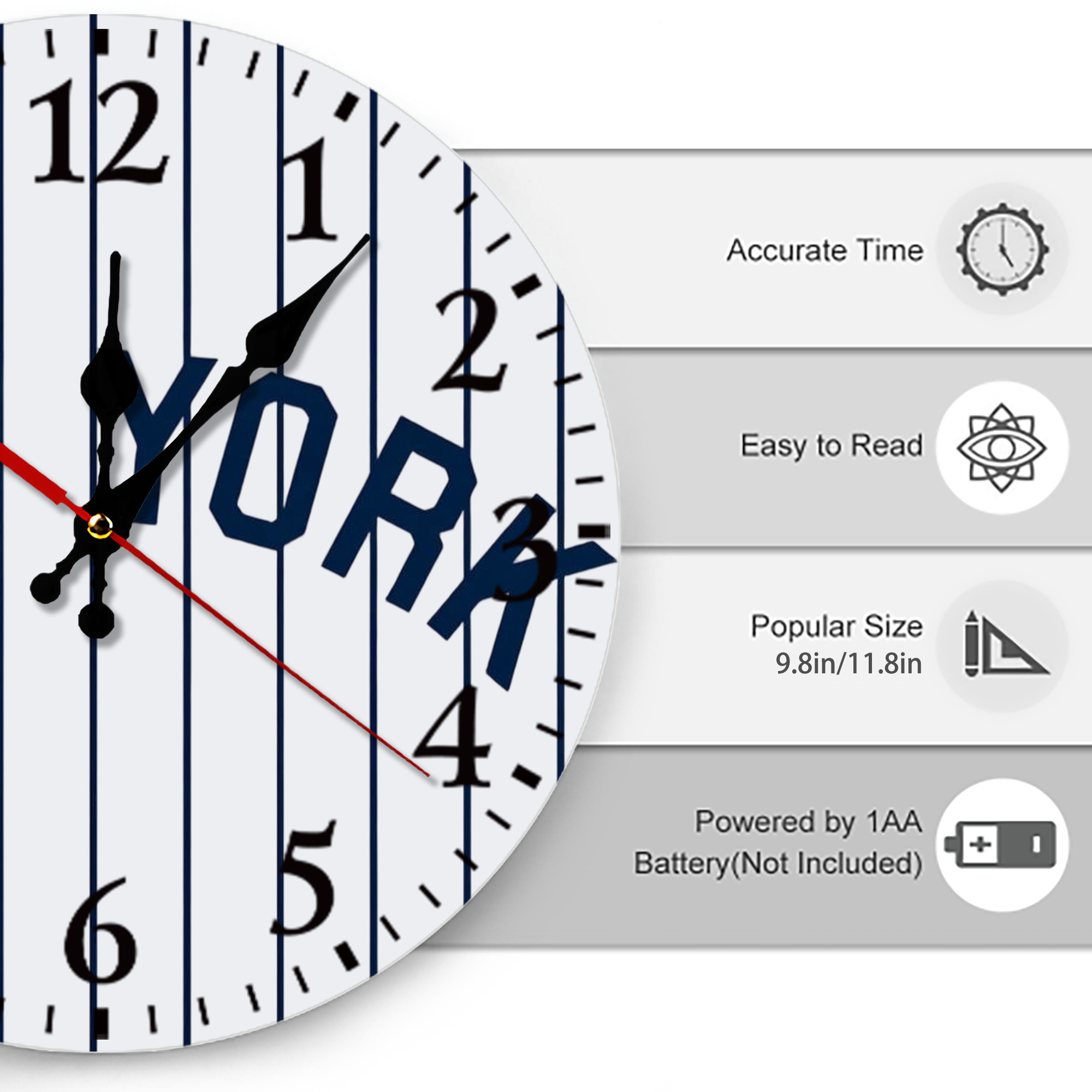 New York Yankees Pinstripe New York Silent Round Wall Clock – Modern & Stylish DIY Design, Durable Wood Construction, Easy To Install – Perfect For Office, Bedroom, Living Room, And More