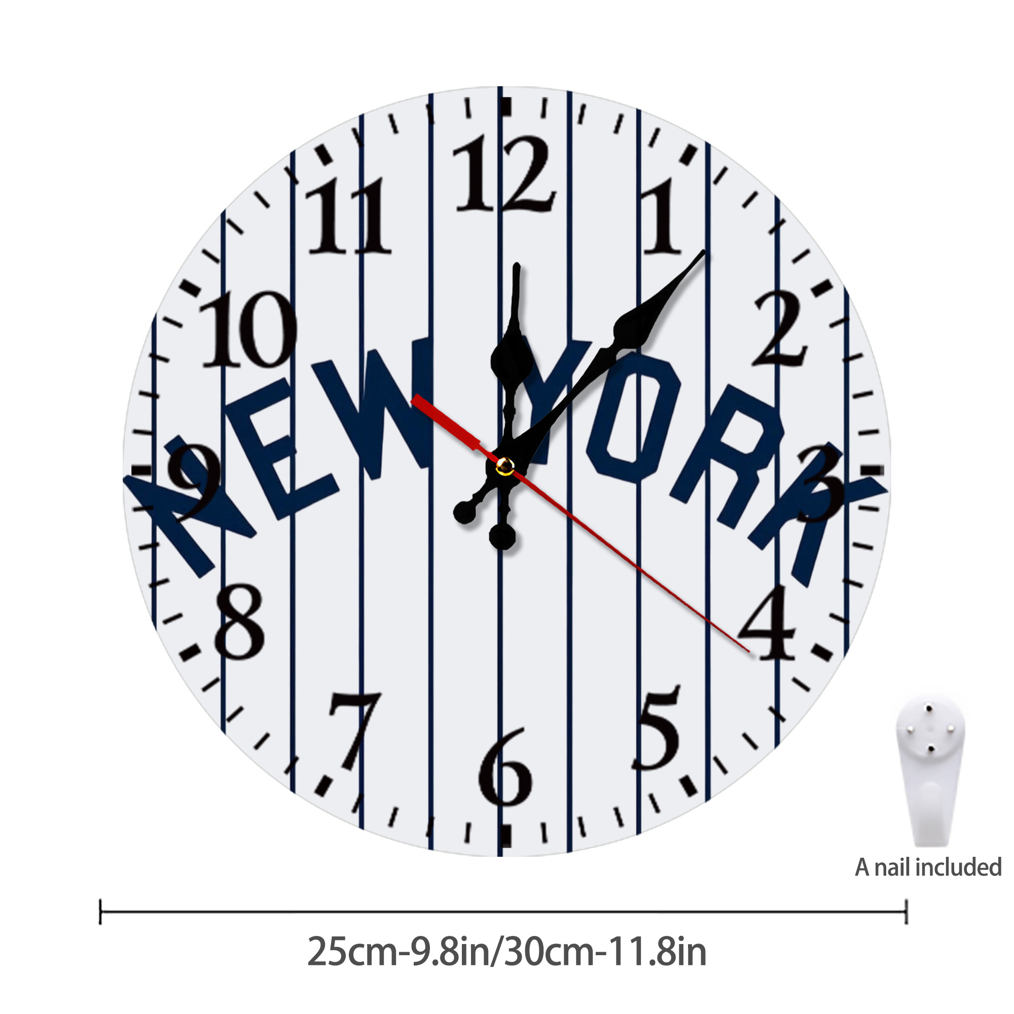 New York Yankees Pinstripe New York Silent Round Wall Clock – Modern & Stylish DIY Design, Durable Wood Construction, Easy To Install – Perfect For Office, Bedroom, Living Room, And More