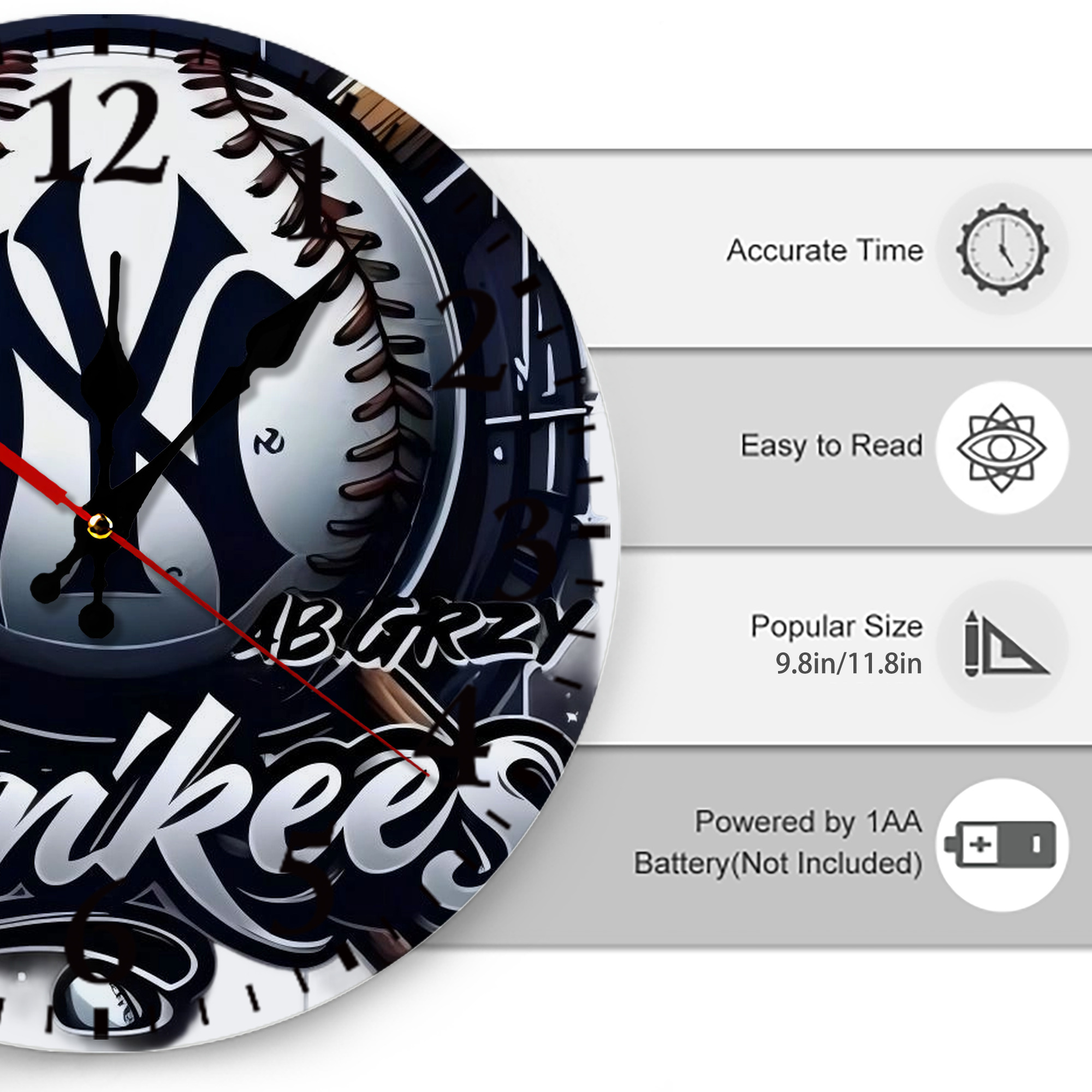 New York Yankees Baseball Silent Round Wall Clock – Modern & Stylish DIY Design, Durable Wood Construction, Easy To Install – Perfect For Office, Bedroom, Living Room, And More