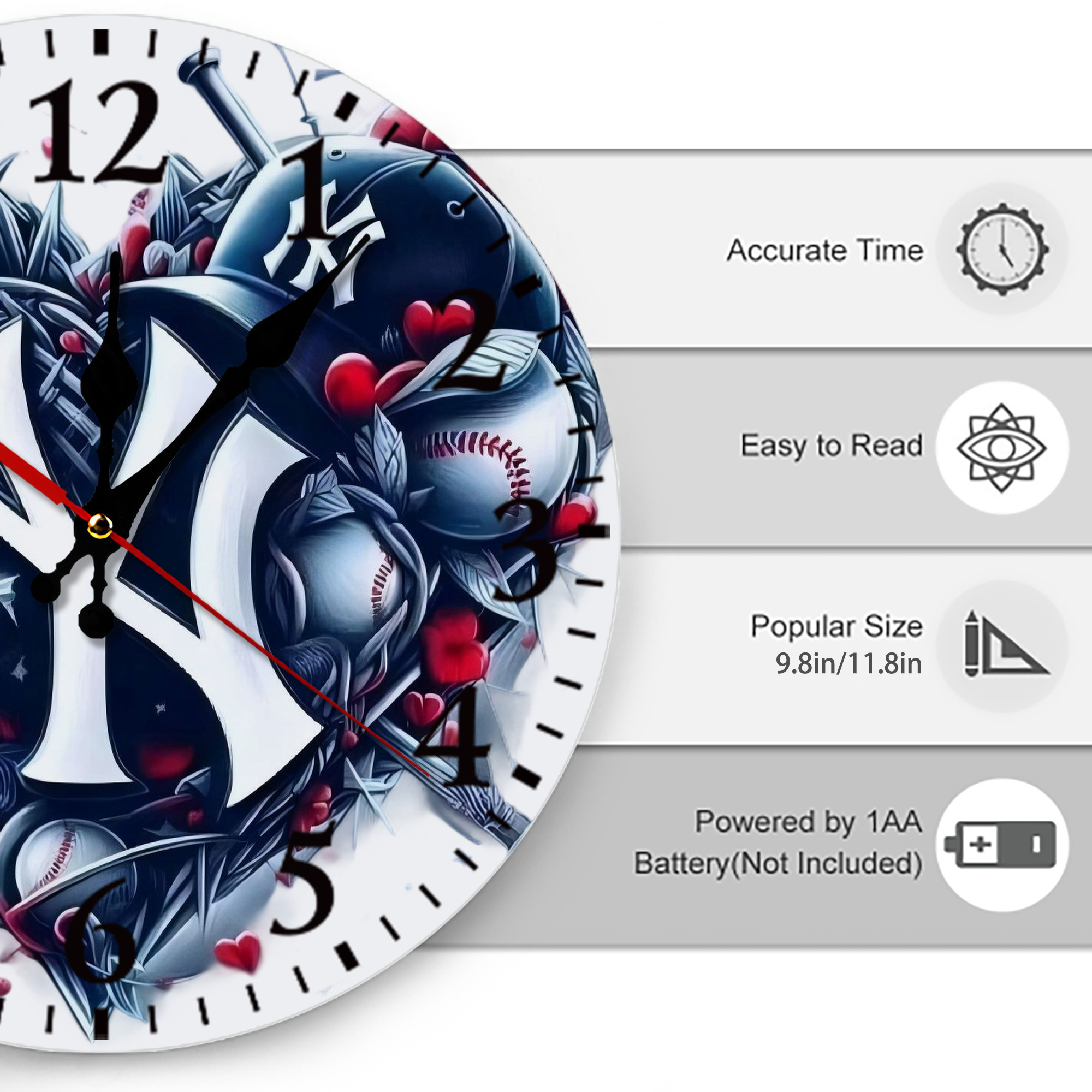 New York Yankees Heart Silent Round Wall Clock – Modern & Stylish DIY Design, Durable Wood Construction, Easy To Install – Perfect For Office, Bedroom, Living Room, And More