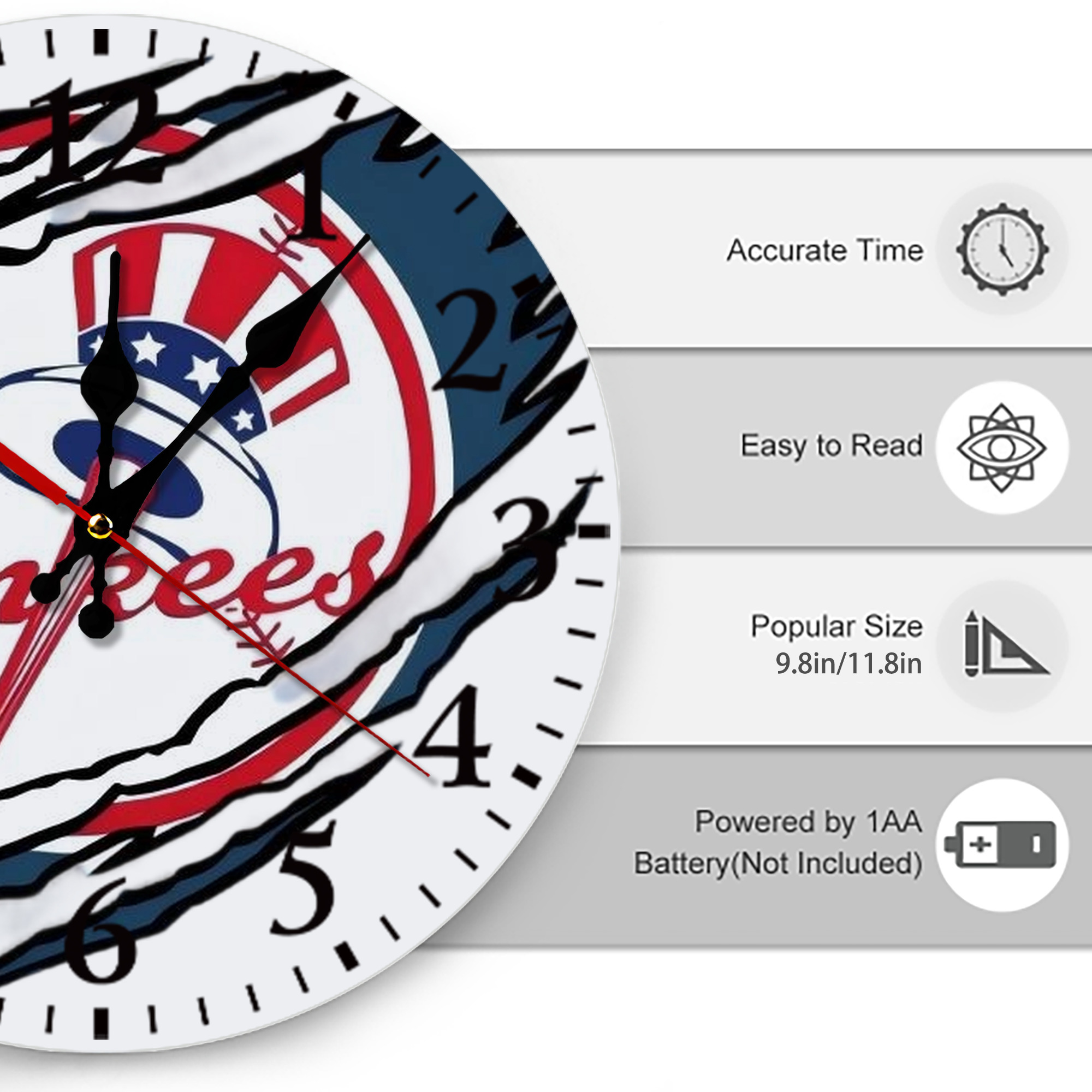 New York Yankees Claw Logo Silent Round Wall Clock – Modern & Stylish DIY Design, Durable Wood Construction, Easy To Install – Perfect For Office, Bedroom, Living Room, And More