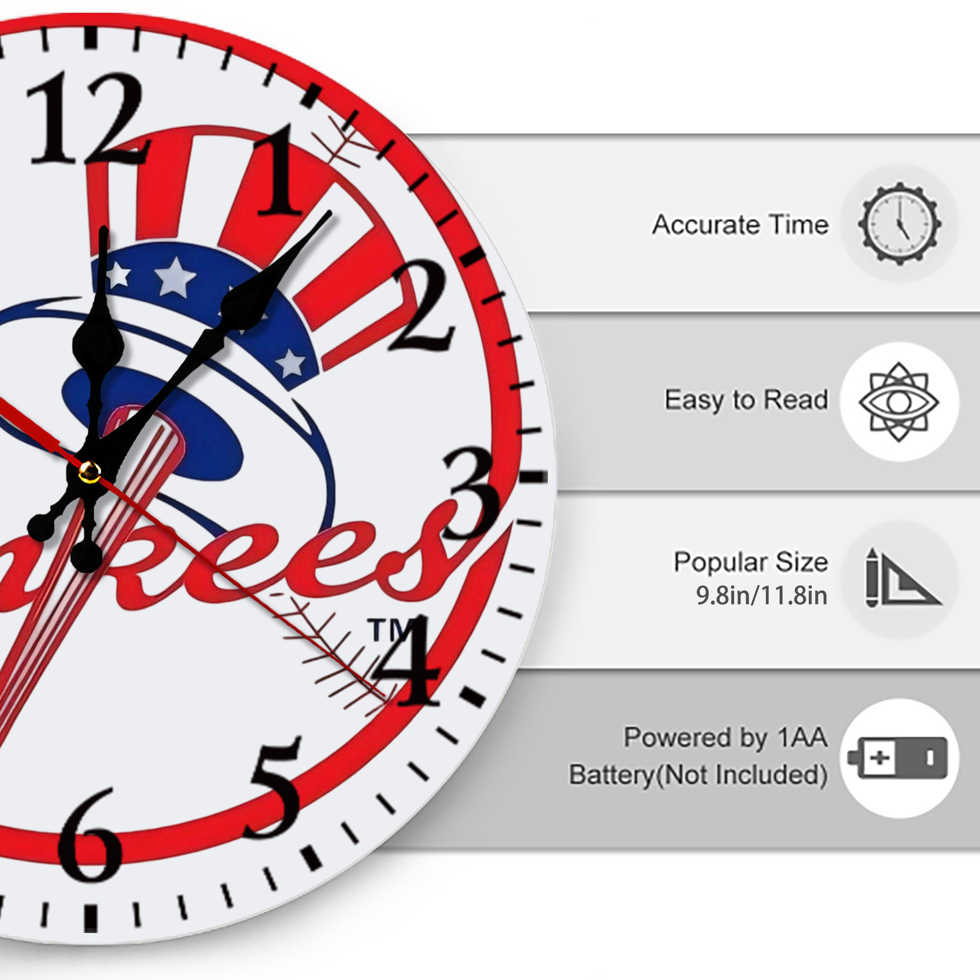 New York Yankees Logo Silent Round Wall Clock – Modern & Stylish DIY Design, Durable Wood Construction, Easy To Install – Perfect For Office, Bedroom, Living Room, And More