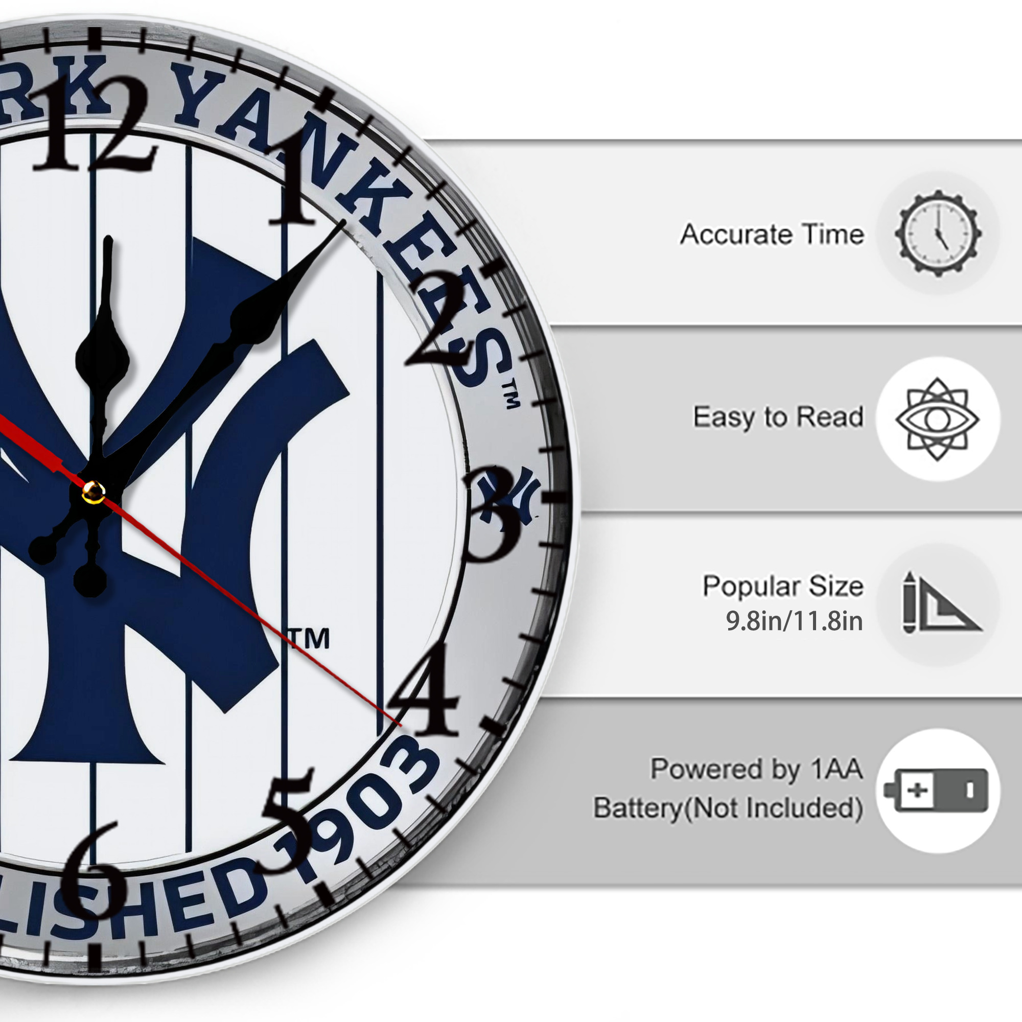 New York Yankees Established 1903 Silent Round Wall Clock – Modern & Stylish DIY Design, Durable Wood Construction, Easy To Install – Perfect For Office, Bedroom, Living Room, And More