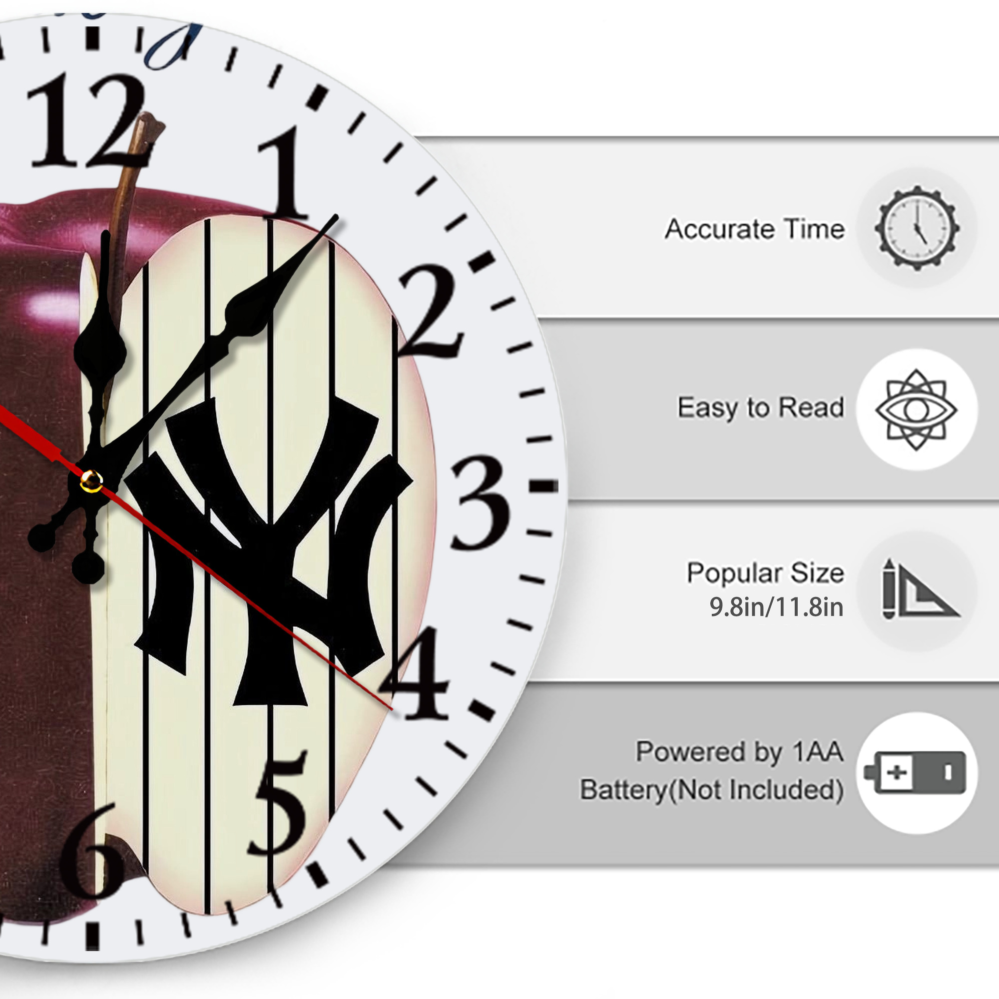 New York Yankees A Slice of The Big Apple Silent Round Wall Clock – Modern & Stylish DIY Design, Durable Wood Construction, Easy To Install – Perfect For Office, Bedroom, Living Room, And More