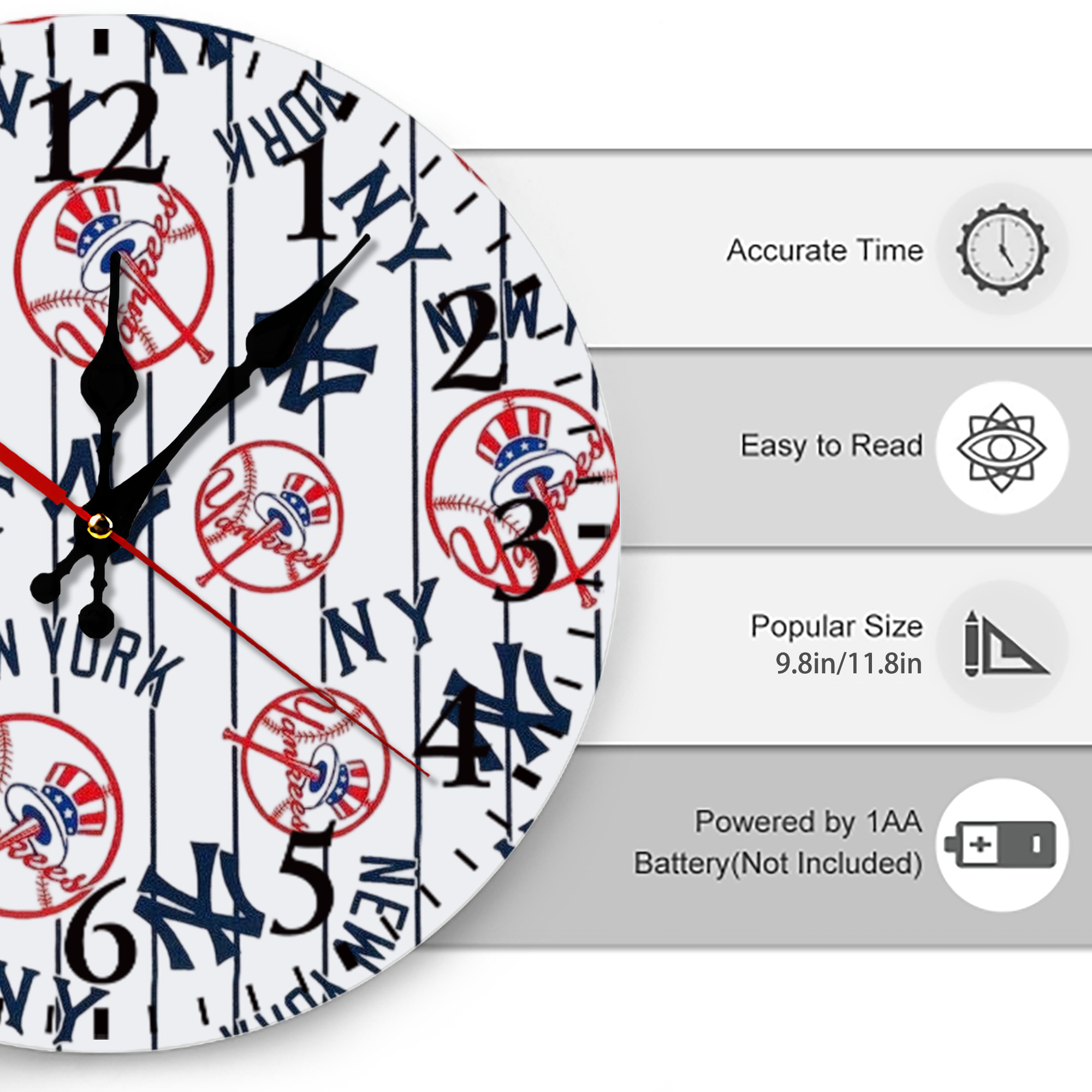 New York Yankees 78 Silent Round Wall Clock – Modern & Stylish DIY Design, Durable Wood Construction, Easy To Install – Perfect For Office, Bedroom, Living Room, And More