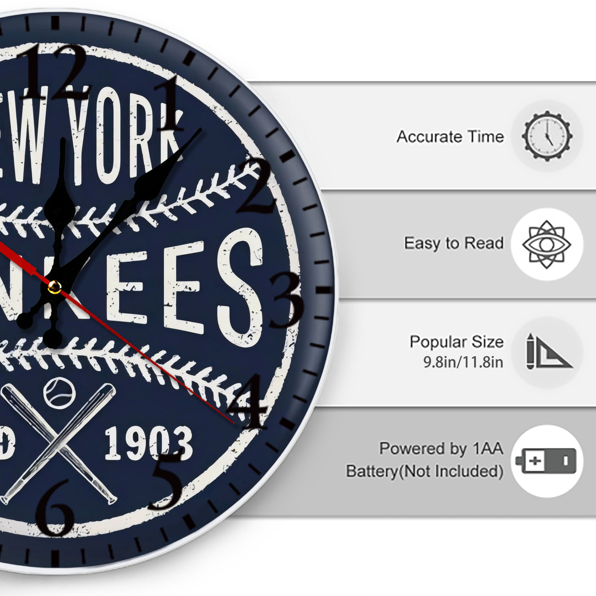 New York Yankees Estd 1903 Silent Round Wall Clock – Modern & Stylish DIY Design, Durable Wood Construction, Easy To Install – Perfect For Office, Bedroom, Living Room, And More