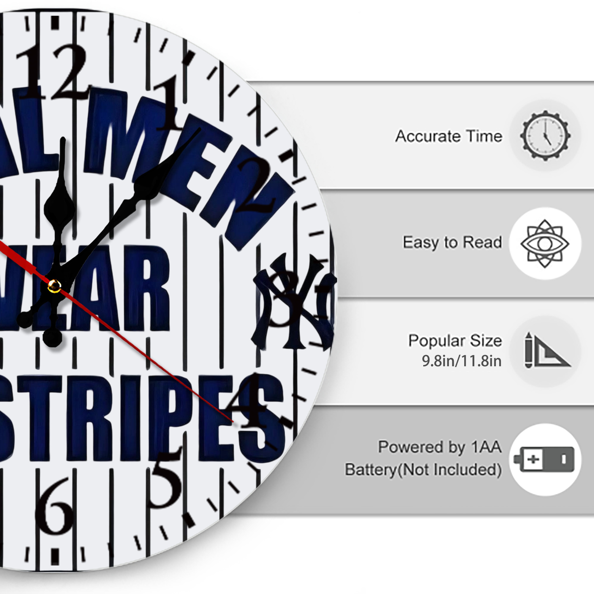 New York Yankees Real Men Wear Pinstripes Silent Round Wall Clock – Modern & Stylish DIY Design, Durable Wood Construction, Easy To Install – Perfect For Office, Bedroom, Living Room, And More