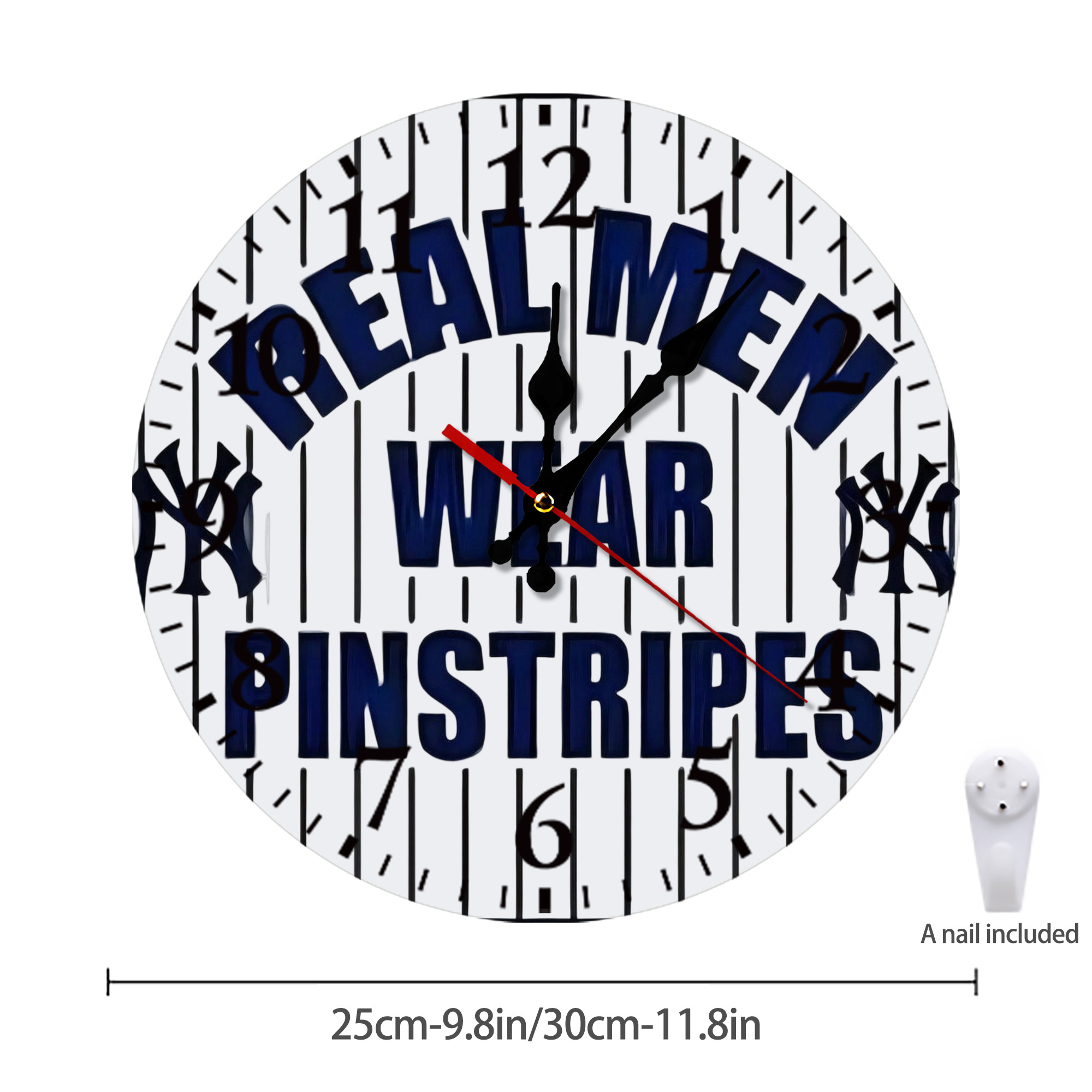 New York Yankees Real Men Wear Pinstripes Silent Round Wall Clock – Modern & Stylish DIY Design, Durable Wood Construction, Easy To Install – Perfect For Office, Bedroom, Living Room, And More