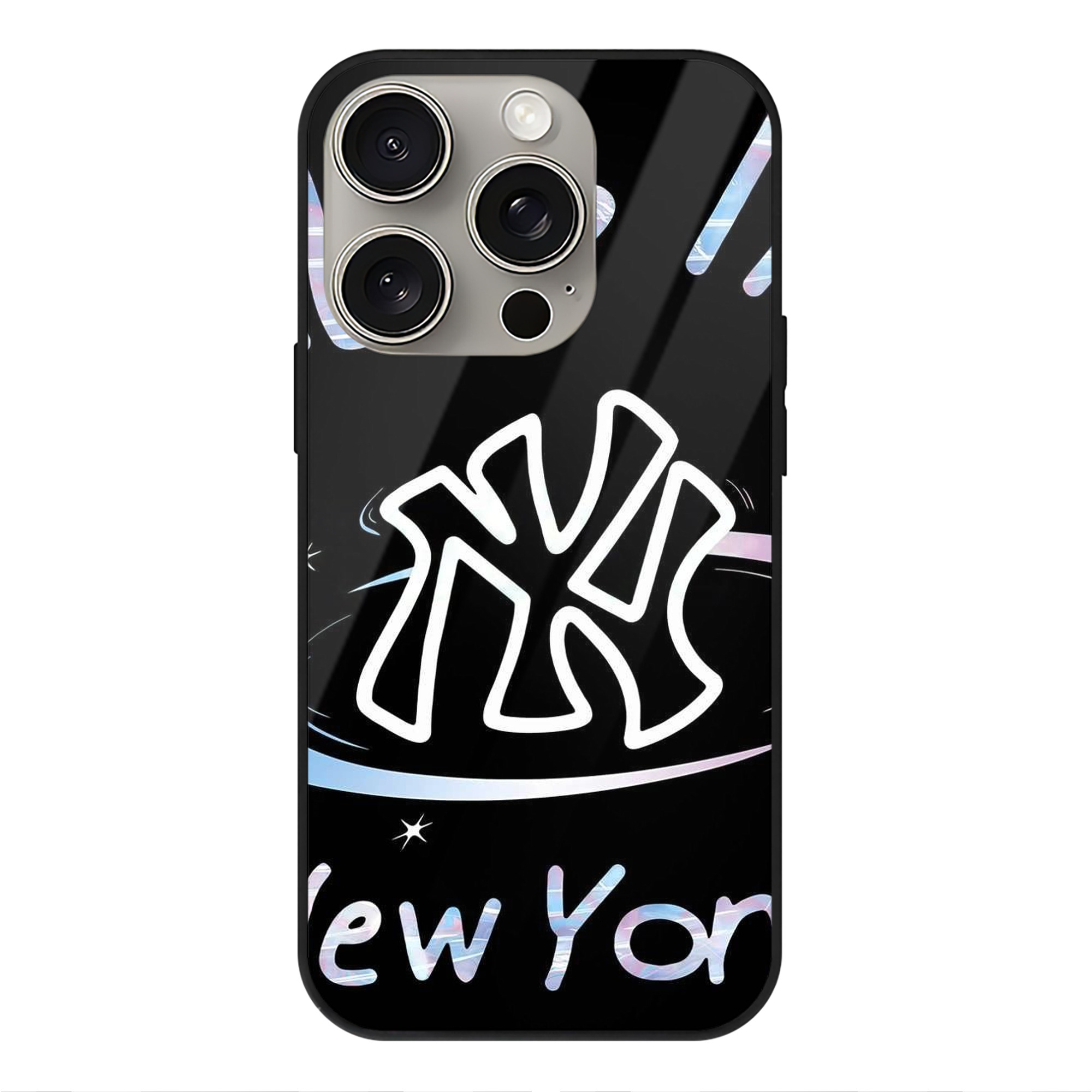 Like New York Yankees Baseball Team IPhone 15 Pro Mirror Phone Case – UV Printed Glass + TPU – Scratch-Resistant, Wireless Charging Compatible, Precise Fit & Stylish Design