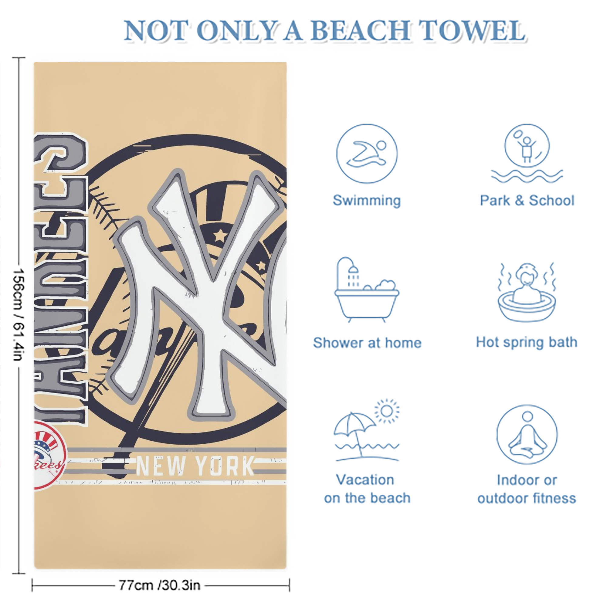 Vintage New York Yankees Logo In Crisp Premium Microfiber Beach Towel – Soft, Large Size, Multi-Purpose For Beach, Picnic & Kids, Lightweight & Portable With Carry Bag, Easy Care