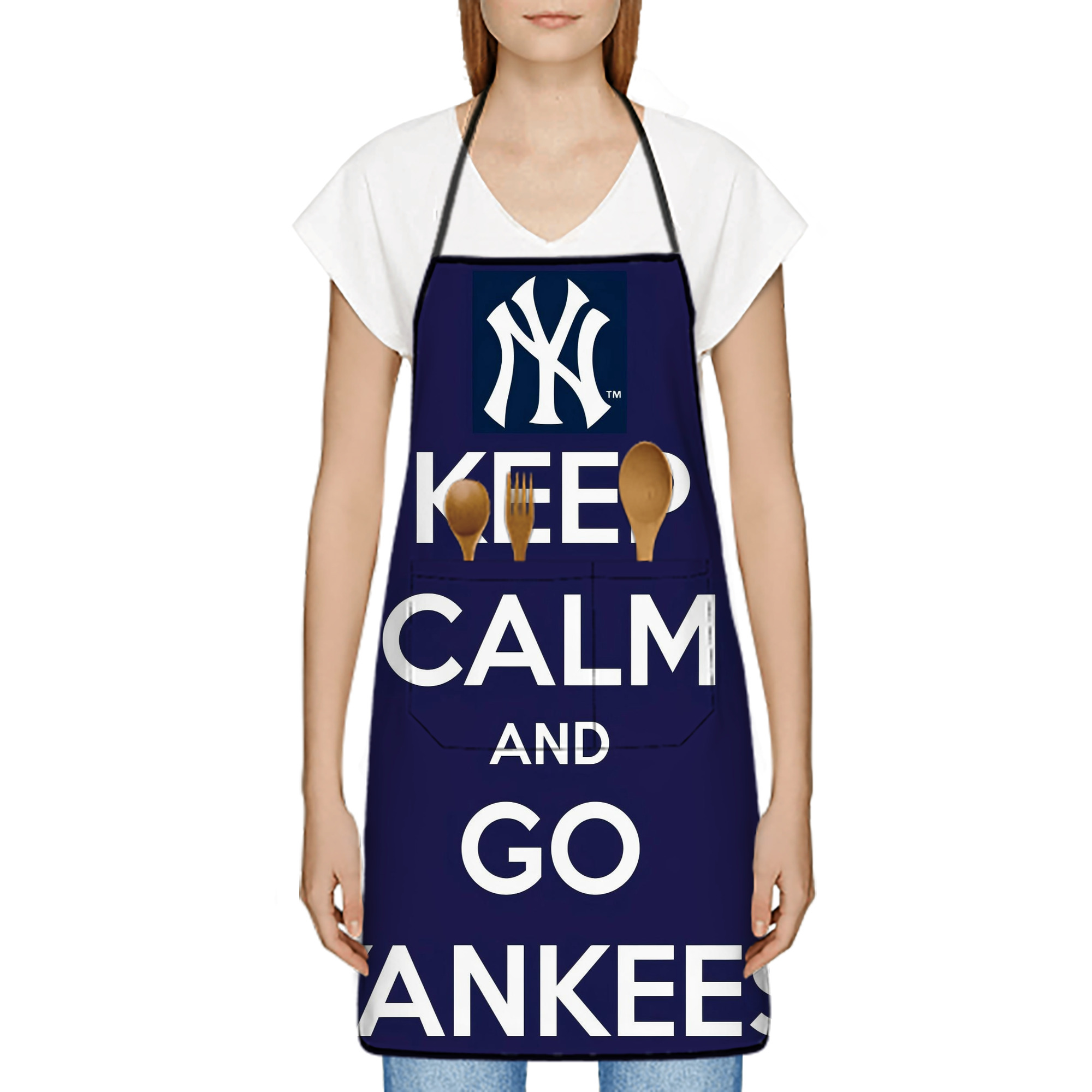 New York Yankees Keep Calm and Go Yankees Stain-Resistant Polyester Apron With Pocket – Full Print, Waterproof, Anti-Wrinkle, Anti-Pilling – Ideal For Kitchen, BBQ, Restaurant, Salon & More