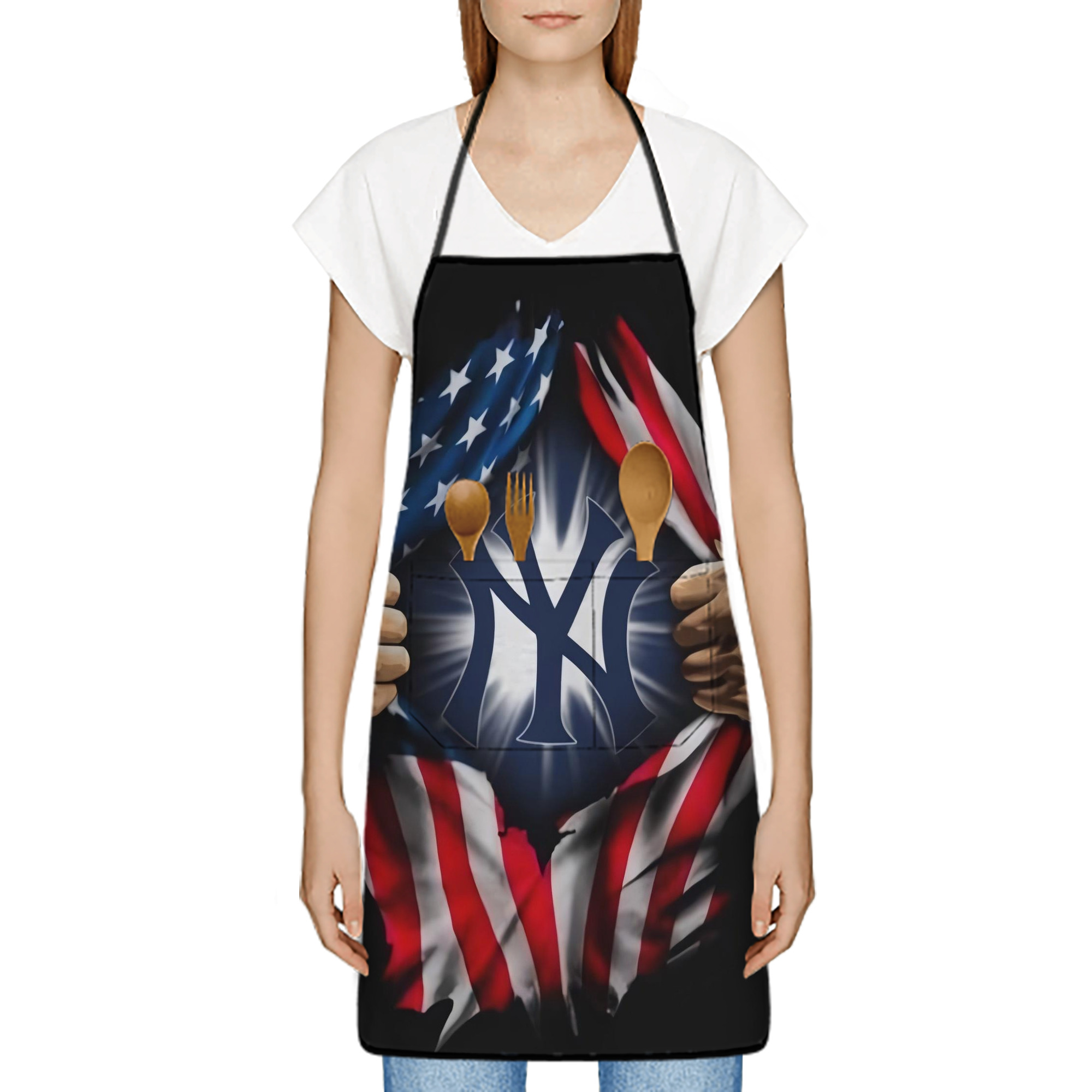 New York Yankees US Flag Yankees Inside Me Stain-Resistant Polyester Apron With Pocket – Full Print, Waterproof, Anti-Wrinkle, Anti-Pilling – Ideal For Kitchen, BBQ, Restaurant, Salon & More