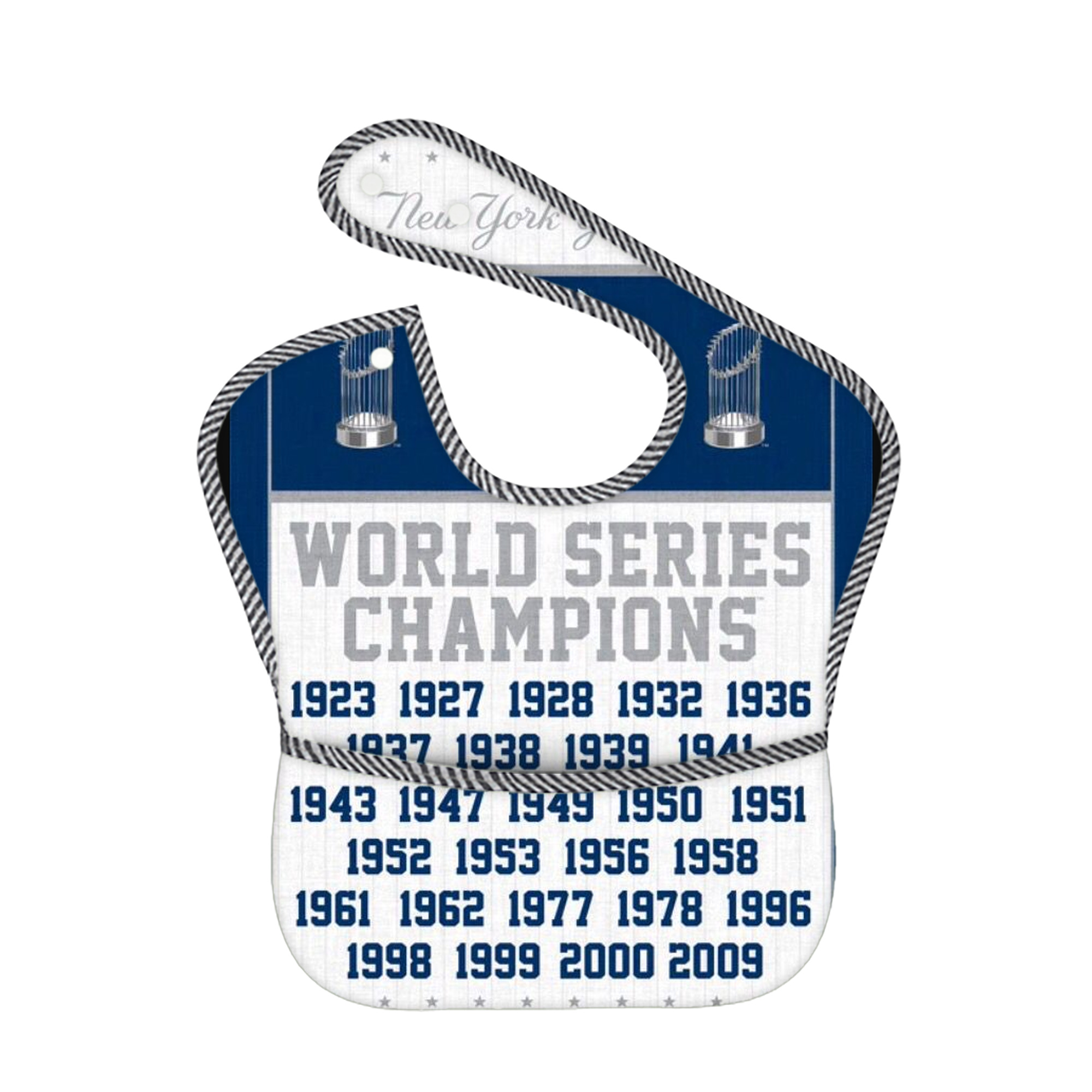 New York Yankees WS Champions Years Adjustable Waterproof Toddler Bib – Full-Print Durable Polyester – Foldable Crumb Pocket – Easy Snap Closure – Soft