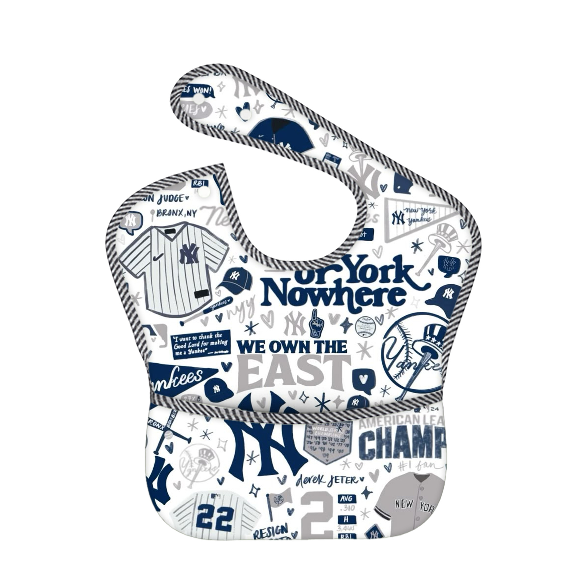 New York Yankees 113 Adjustable Waterproof Toddler Bib – Full-Print Durable Polyester – Foldable Crumb Pocket – Easy Snap Closure – Soft