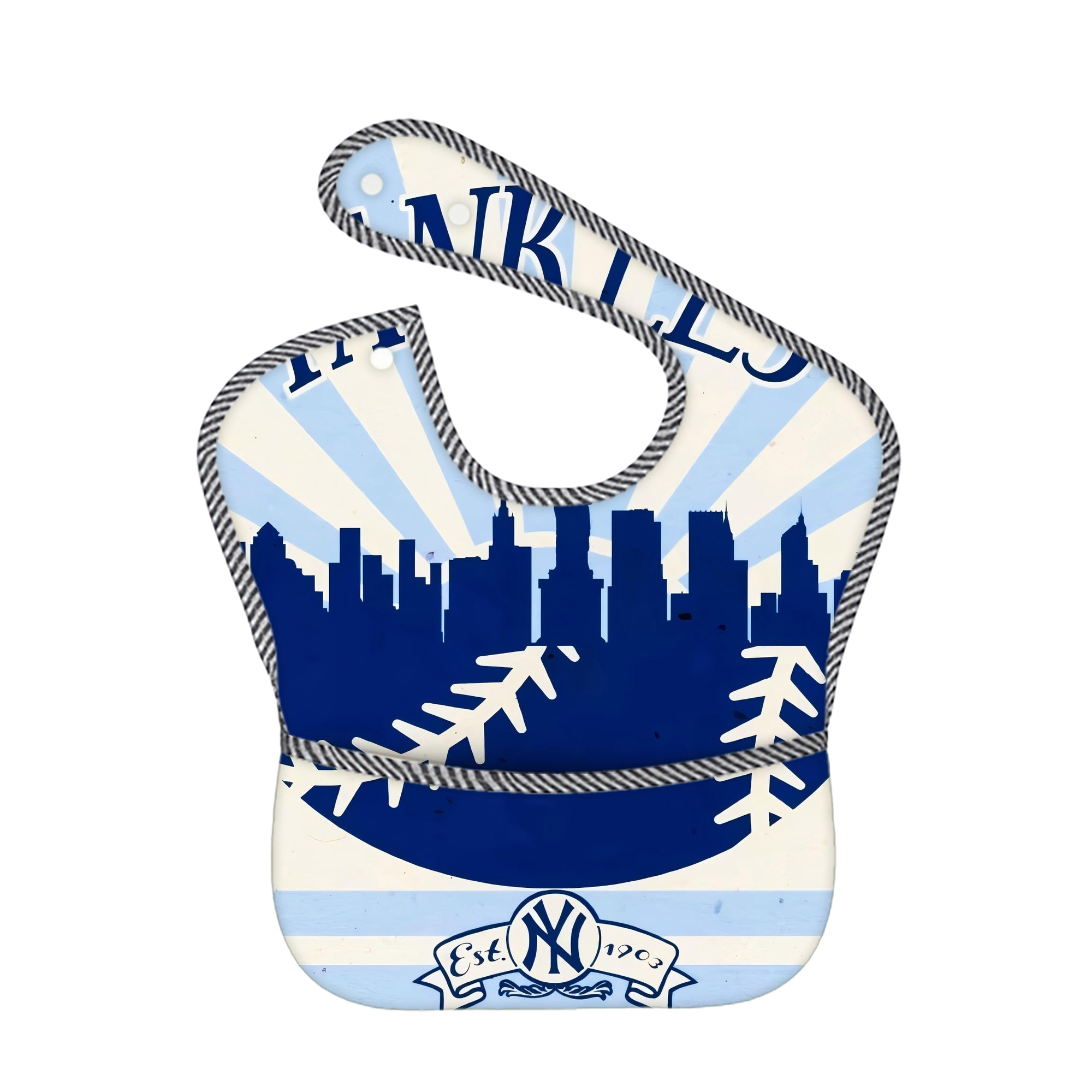 New York Yankees 143 Adjustable Waterproof Toddler Bib – Full-Print Durable Polyester – Foldable Crumb Pocket – Easy Snap Closure – Soft
