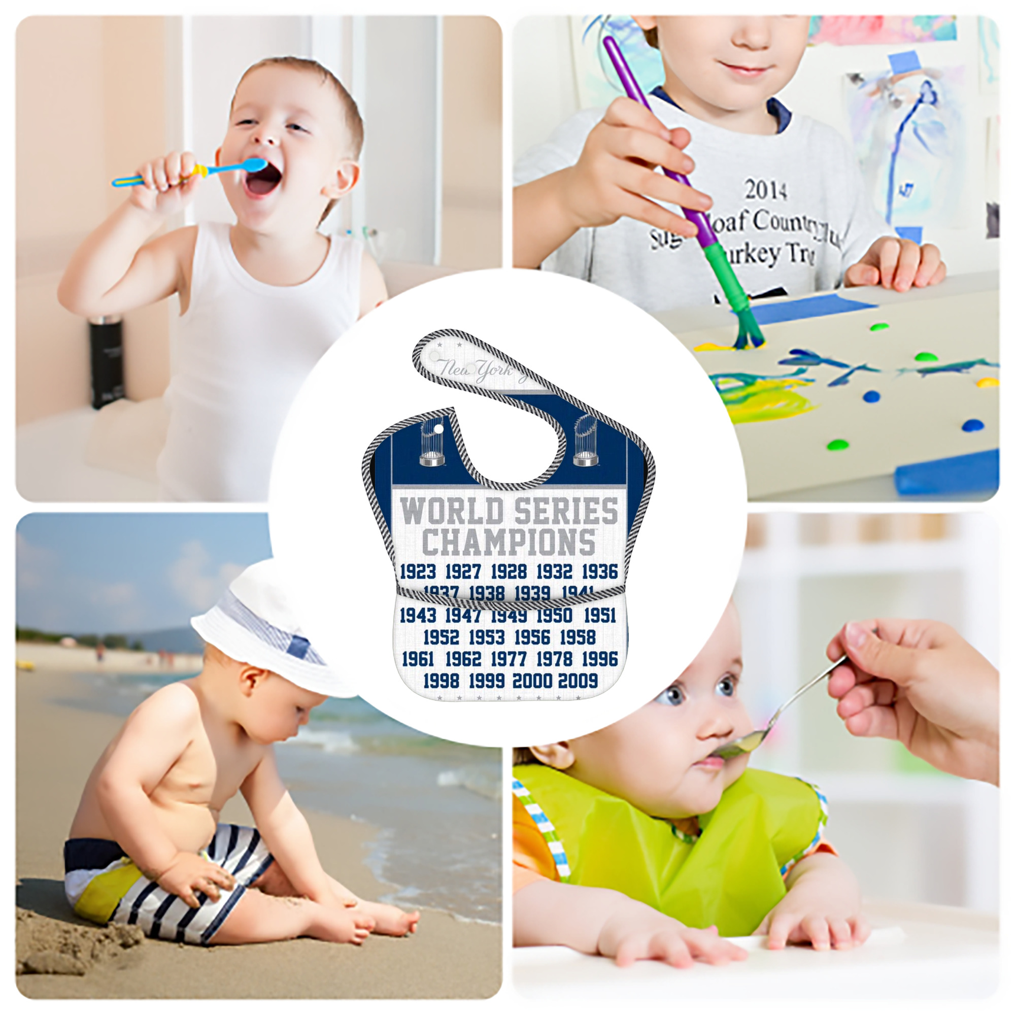 New York Yankees WS Champions Years Adjustable Waterproof Toddler Bib – Full-Print Durable Polyester – Foldable Crumb Pocket – Easy Snap Closure – Soft