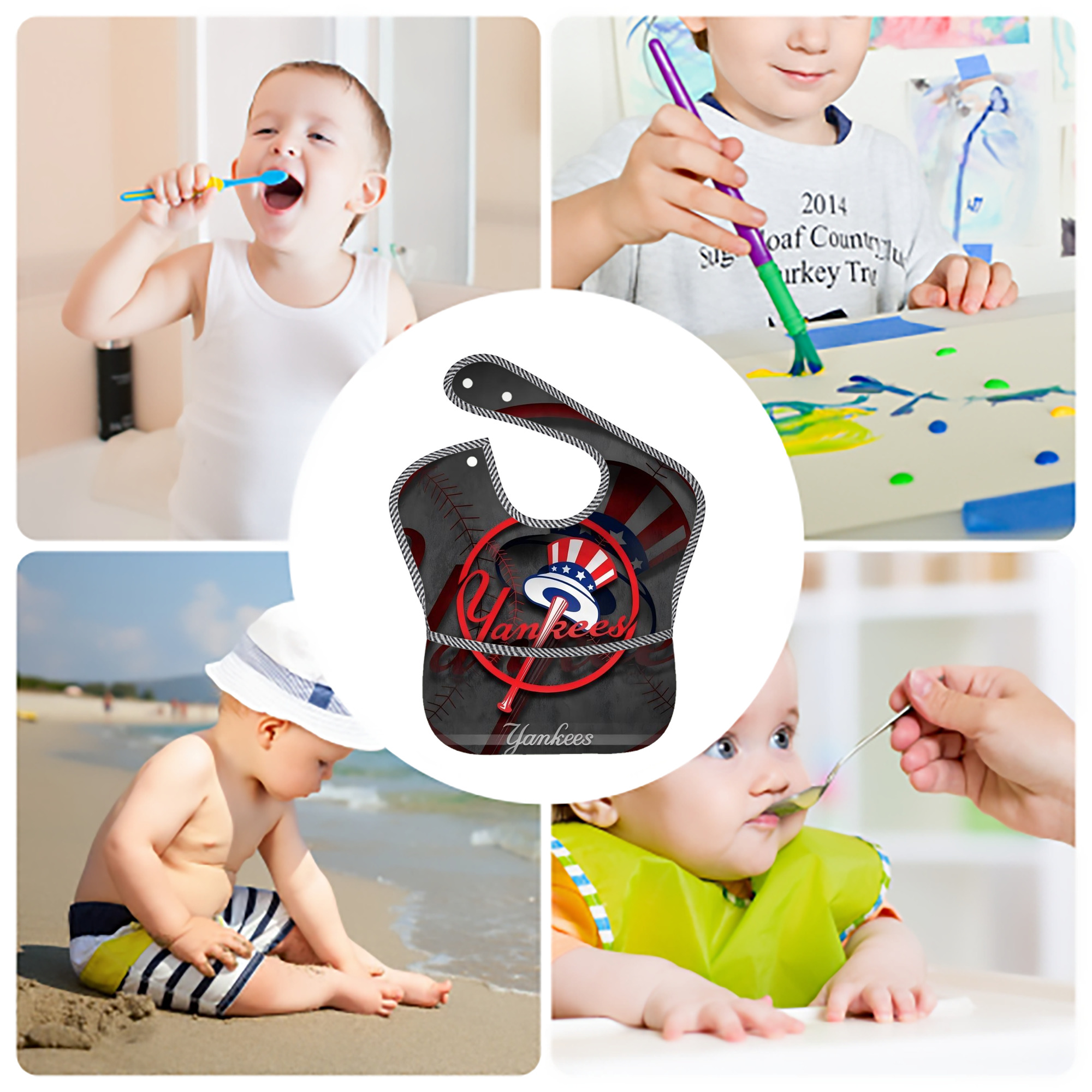 New York Yankees 97 Adjustable Waterproof Toddler Bib – Full-Print Durable Polyester – Foldable Crumb Pocket – Easy Snap Closure – Soft