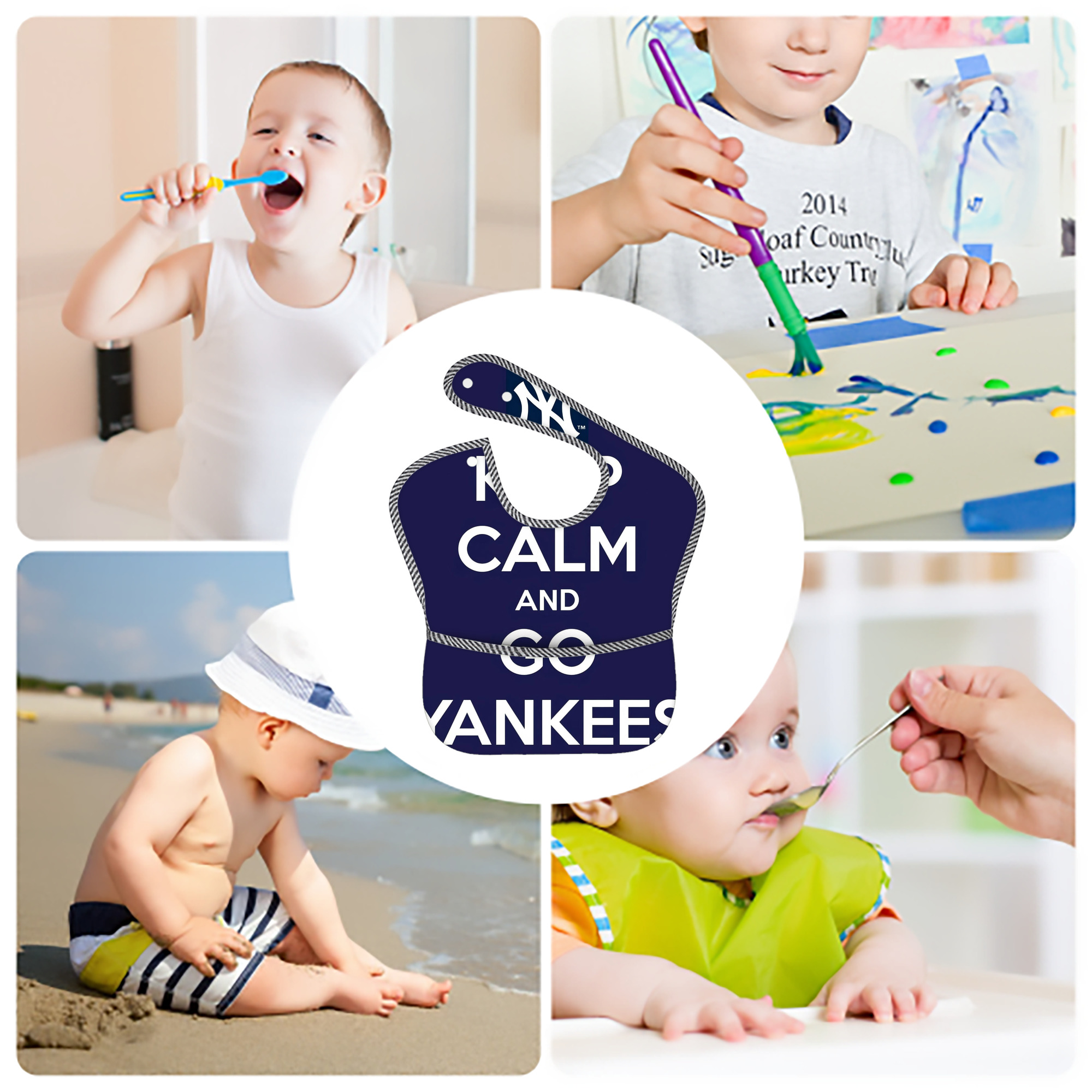 New York Yankees Keep Calm and Go Yankees Adjustable Waterproof Toddler Bib – Full-Print Durable Polyester – Foldable Crumb Pocket – Easy Snap Closure – Soft