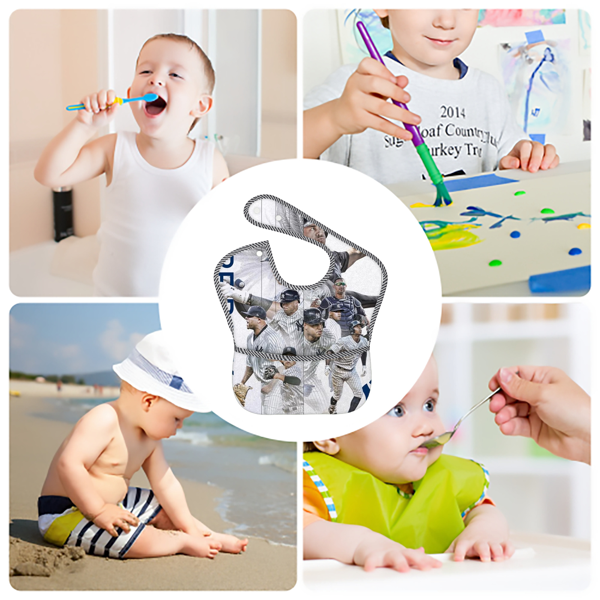 New York Yankees 109 Adjustable Waterproof Toddler Bib – Full-Print Durable Polyester – Foldable Crumb Pocket – Easy Snap Closure – Soft