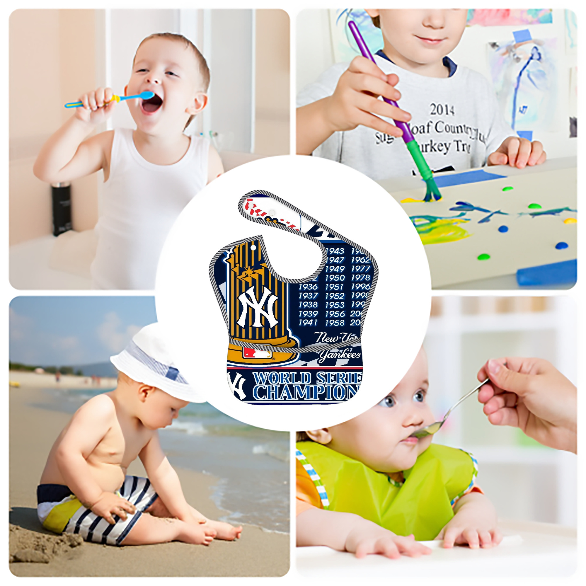 New York Yankees 108 Adjustable Waterproof Toddler Bib – Full-Print Durable Polyester – Foldable Crumb Pocket – Easy Snap Closure – Soft