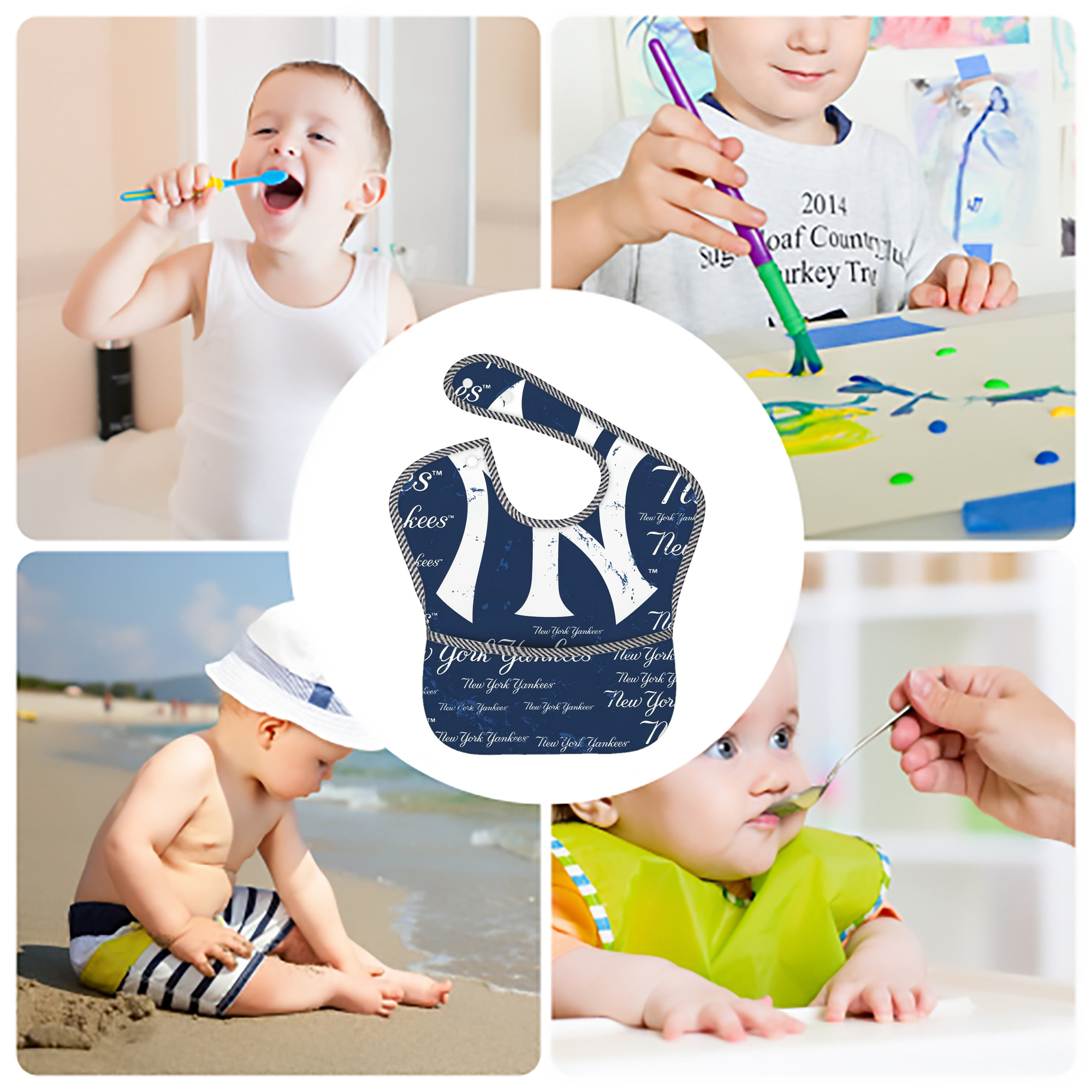 New York Yankees 117 Adjustable Waterproof Toddler Bib – Full-Print Durable Polyester – Foldable Crumb Pocket – Easy Snap Closure – Soft