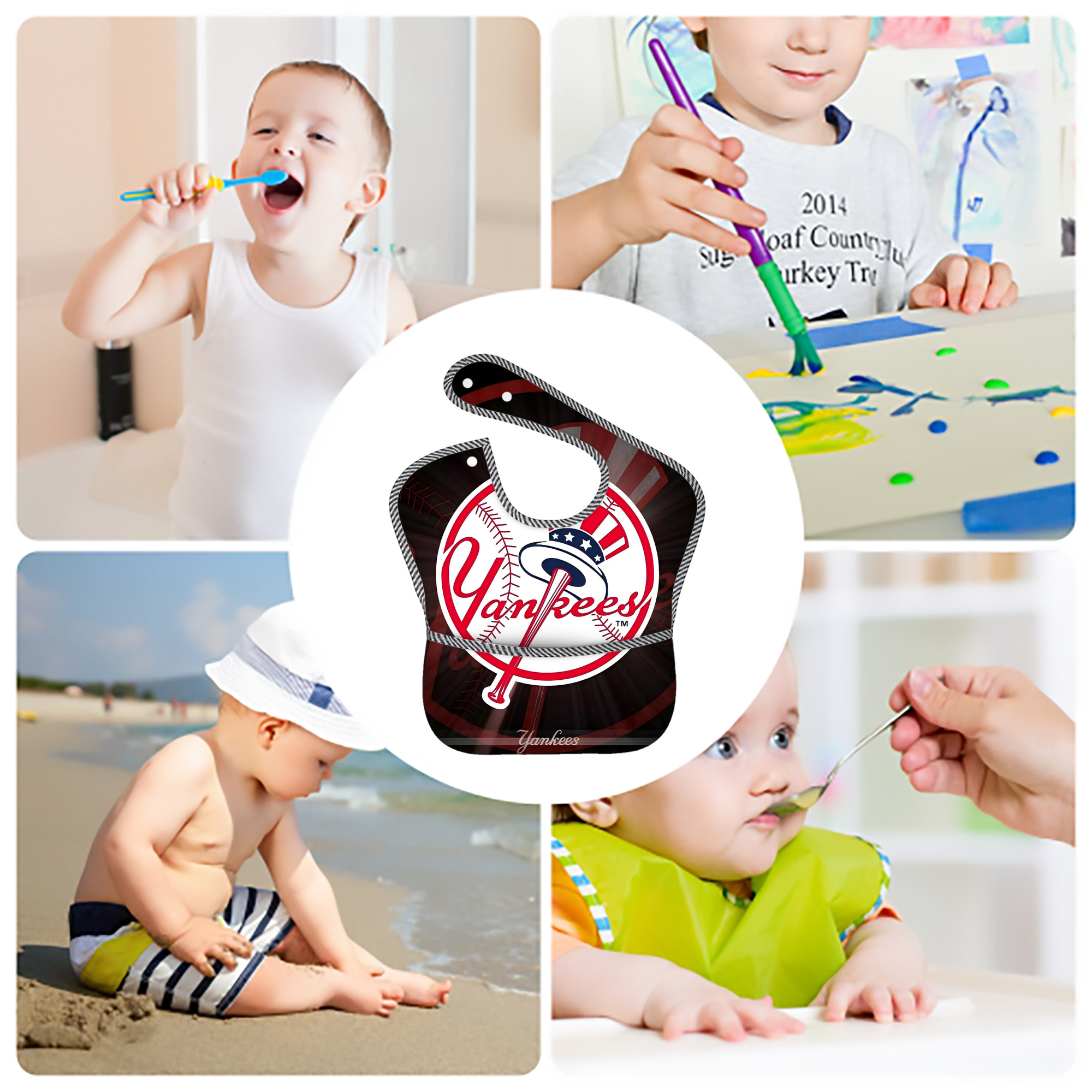 New York Yankees 124 Adjustable Waterproof Toddler Bib – Full-Print Durable Polyester – Foldable Crumb Pocket – Easy Snap Closure – Soft